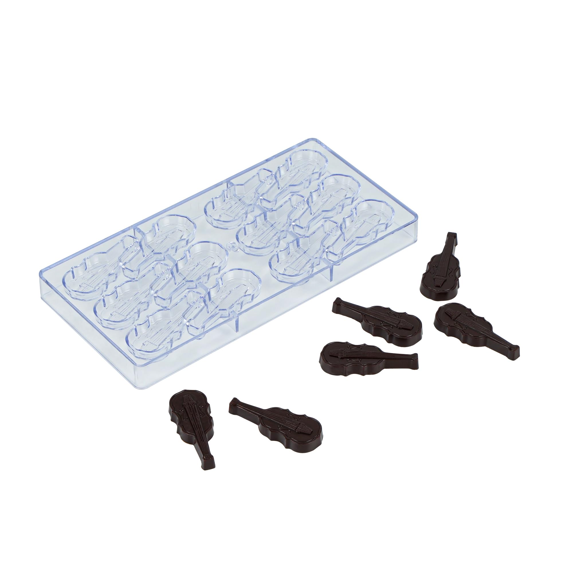 Restaurantware Pastry Tek 10.8 x 5.3 Inch Chocolate Shaping Mold 1 Freezable Candy Mold - 12 Cavities Violin-Shaped Clear Polyca