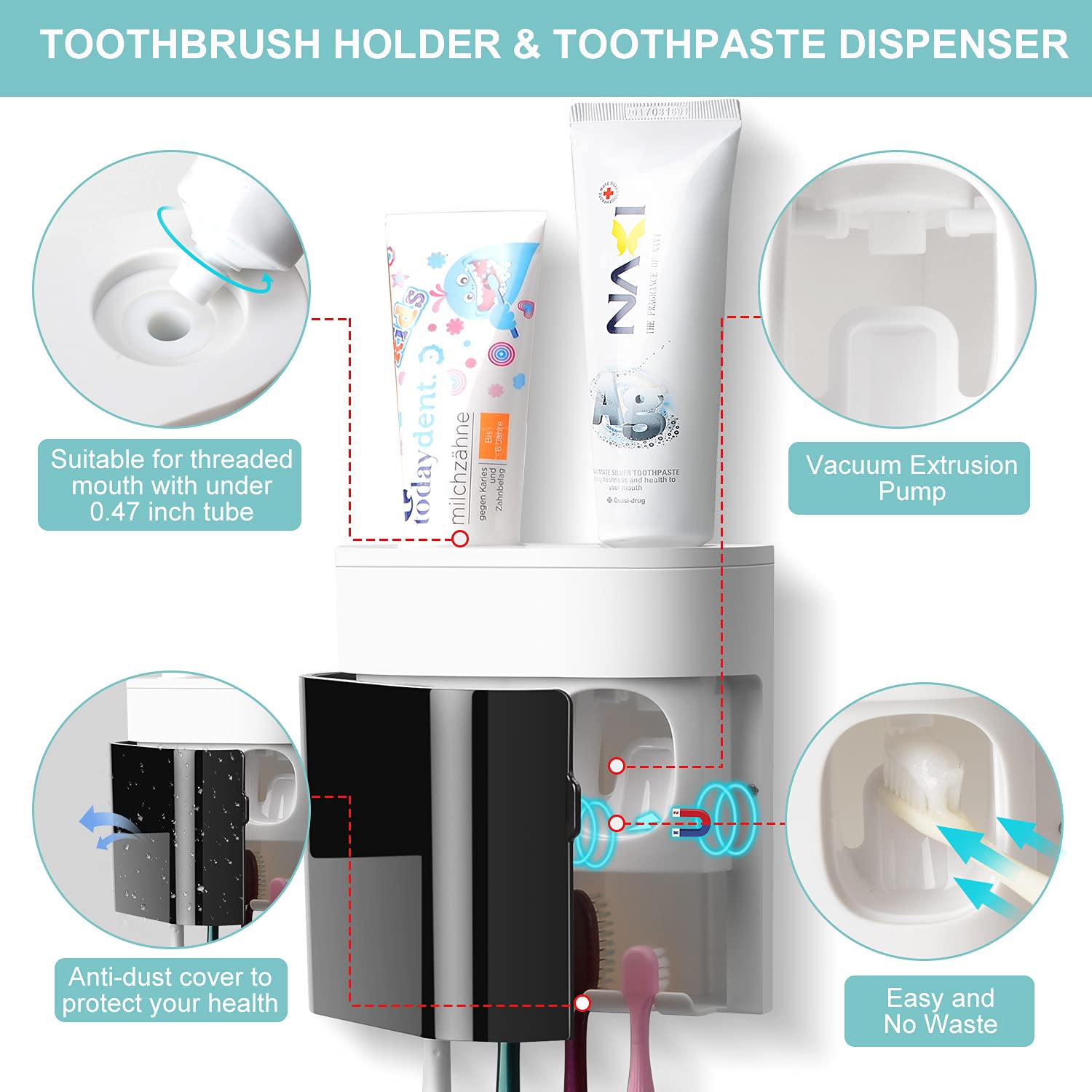 Gfware Toothbrush Holder Toothpaste Dispenser Wall Mounted Cover Electric Tooth Brush Stand Set With 2 Toothpaste Squeezers For