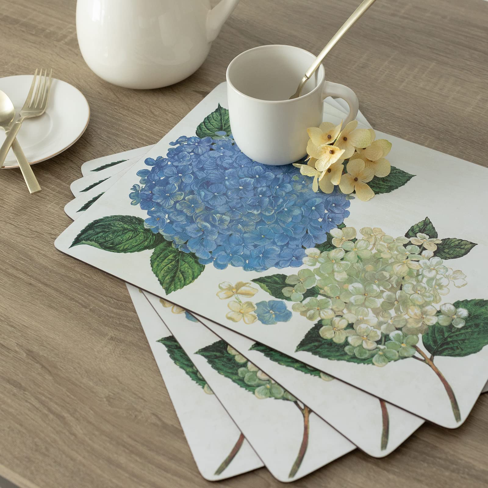 Benson Mills Cork Placemats Set of 4  Thick Cork Place Mats for Kitchen and Dining Tables  Easy Clean Table Mats (12'' x 16'' Rectangular Set of 4  Hydrangea Floral)