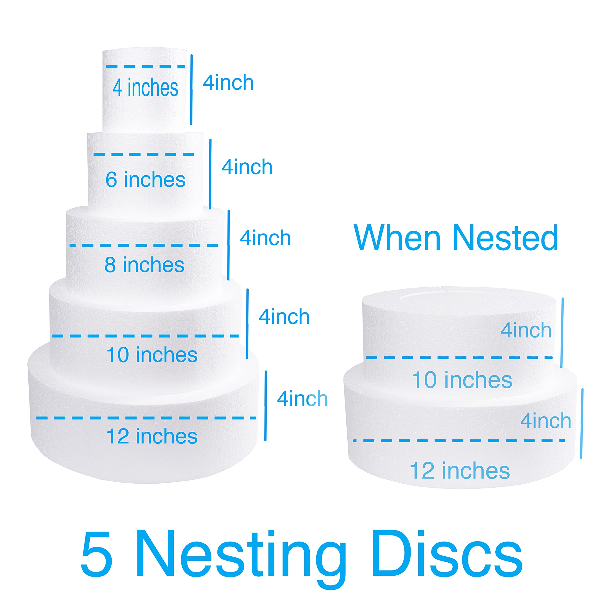 Silverlake Space Saver Cake Dummy Set - Round Foam Cake Dummies - Up To 5 Tier Cake 20 Inches Tall - 4'' High By 4, 6, 8, 10, 12