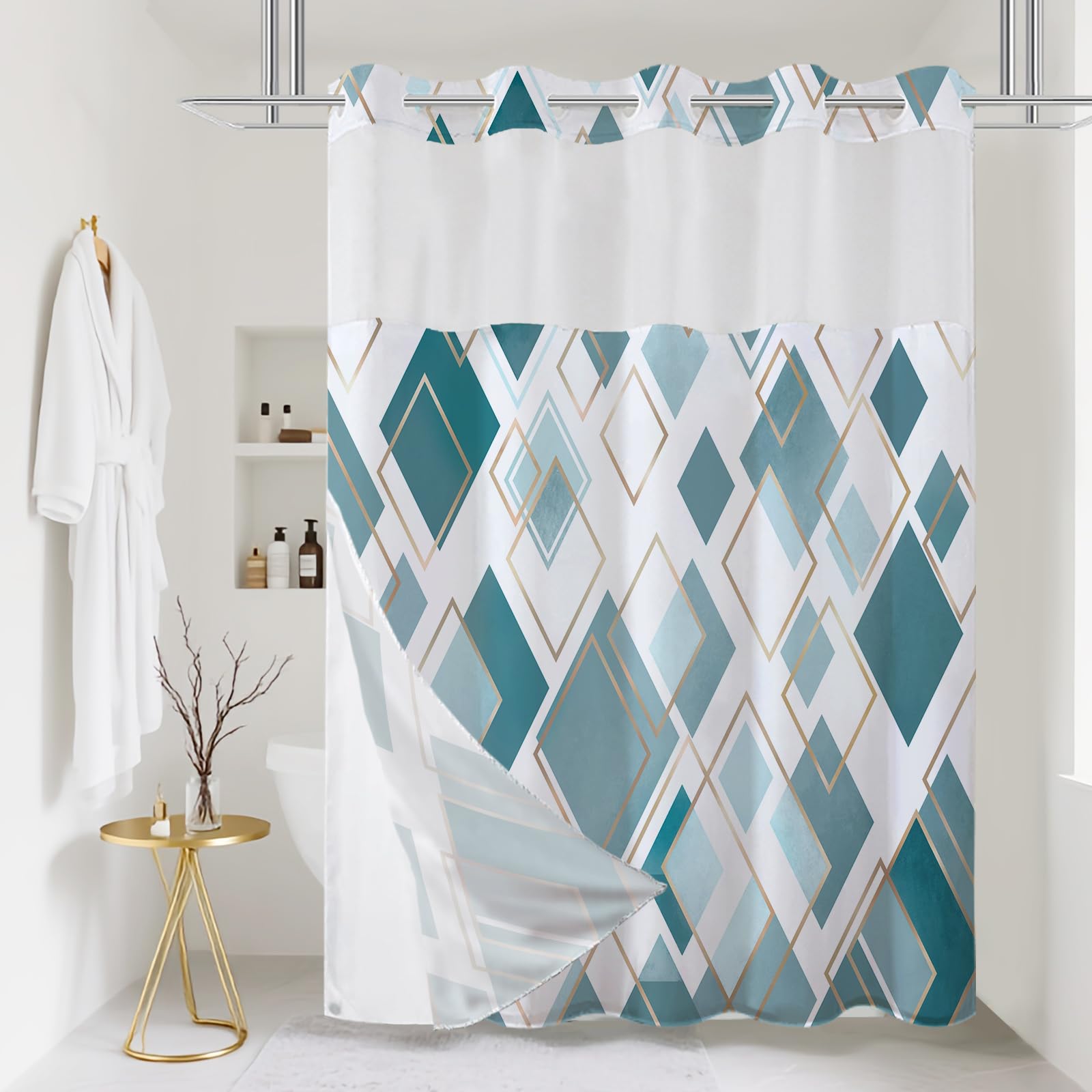 Twlsncd Extra Long No Hook Geometric Shower Curtain With Snap In Fabric Liner Set - Teal Hotel Style, Modern Abstract Design For