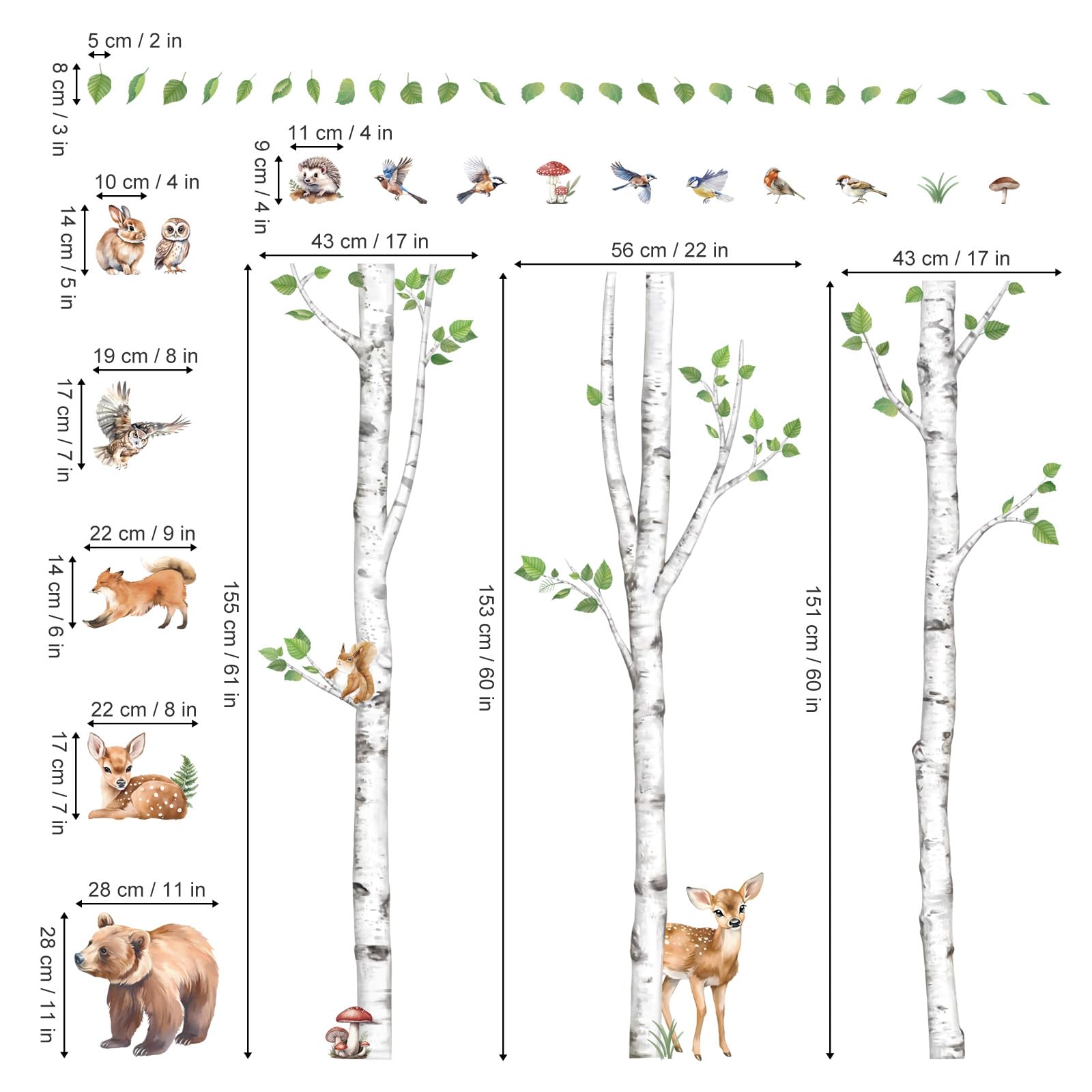 Wondever Large Birch Tree Animals Wall Stickers Forest Owl Fox Bear Deer Peel And Stick Wall Art Decals For Baby Nursery Kids Be