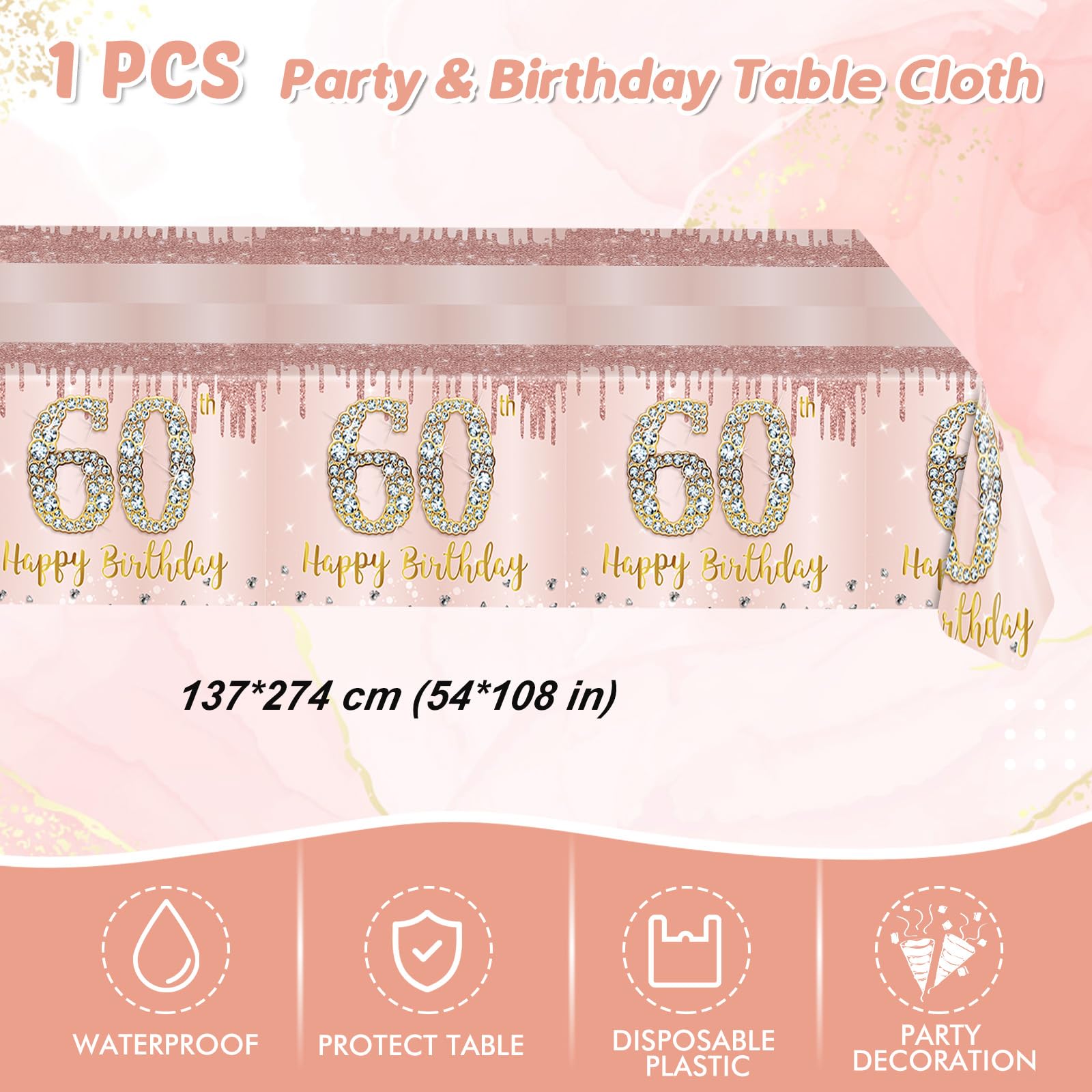 41Pcs 60Th Birthday Decorations, Rose Gold Birthday Party Supplies Include 20Pcs Plates 20Pcs Napkins And 1Piece Tablecloth, Swe