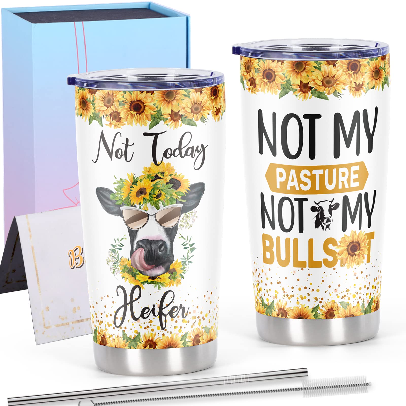Cosictic Cow Lover Gift, Not Today Heifer Not My Pasture Not My Problem Travel Tumbler With Sunflower Cow, Gift For Heifer Cow L