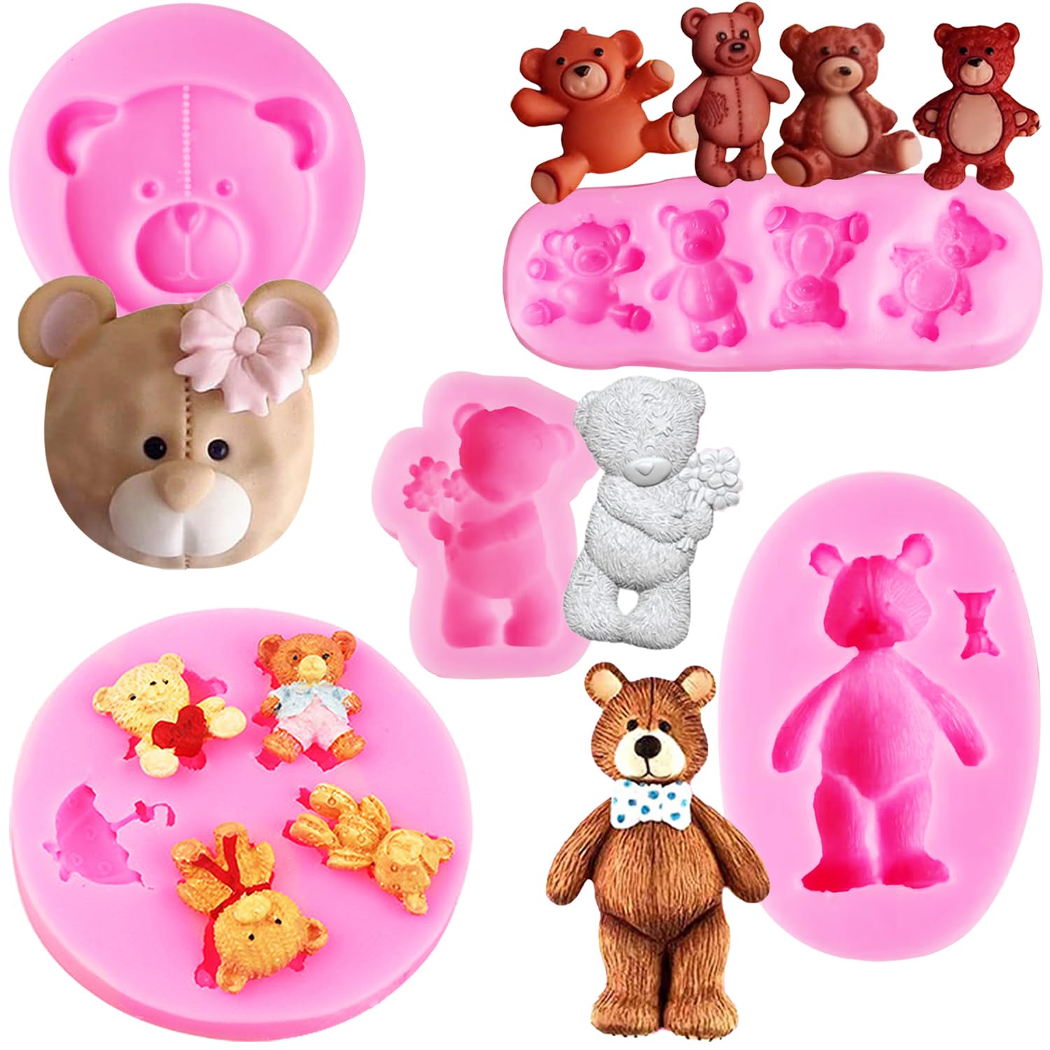Bear Silicone Fondant Molds, Aimeiki 5 Pack 3D Bear Silicone Molds Bear Mold For Chocolate Decorating Cake Candy Gum Paste Polym
