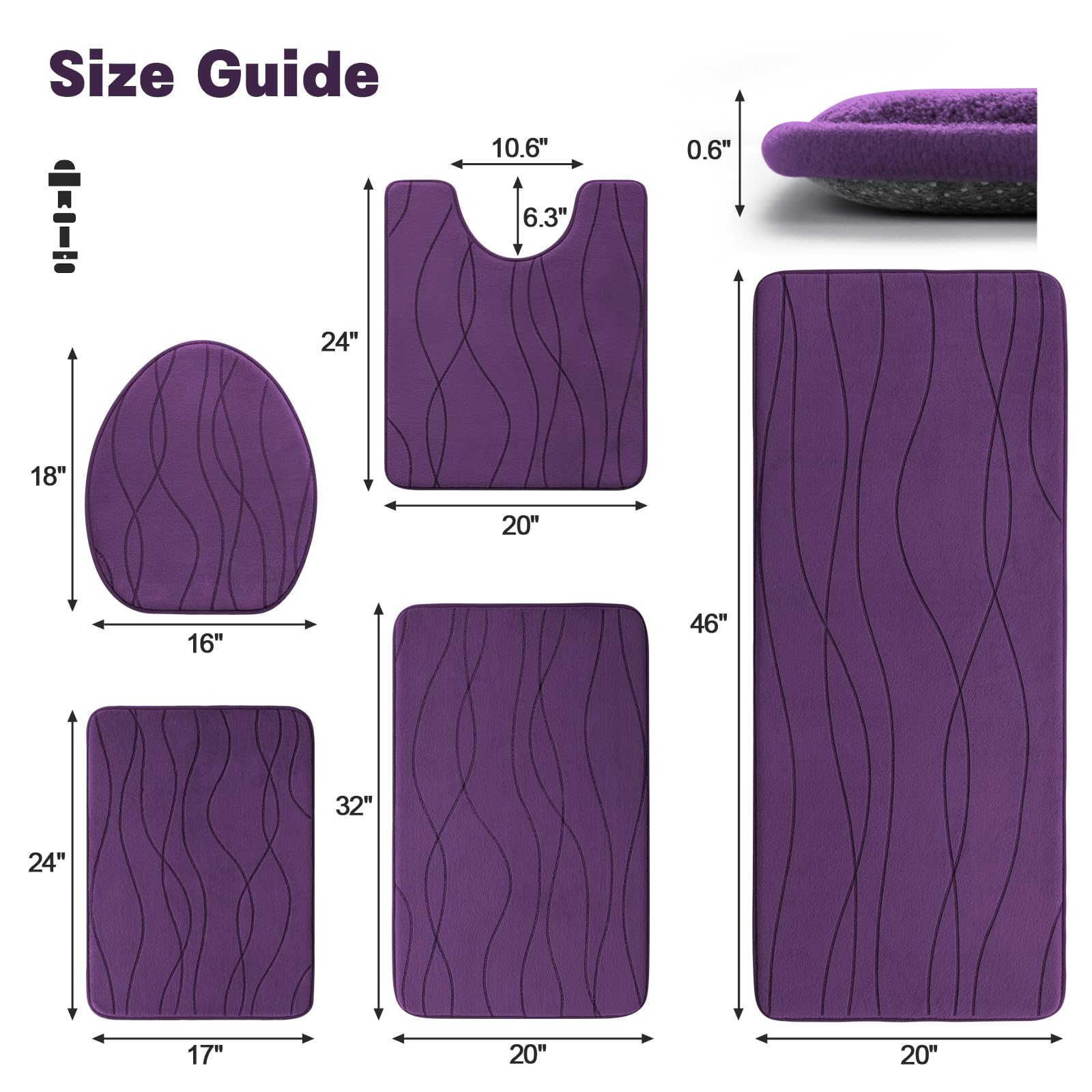 Yihouse Memory Foam Purple Bathroom Rug Sets 5 Piece, Ultra Absorbent Bath Mat For Bathroom - Non-Slip Machine Washable & Dry Qu