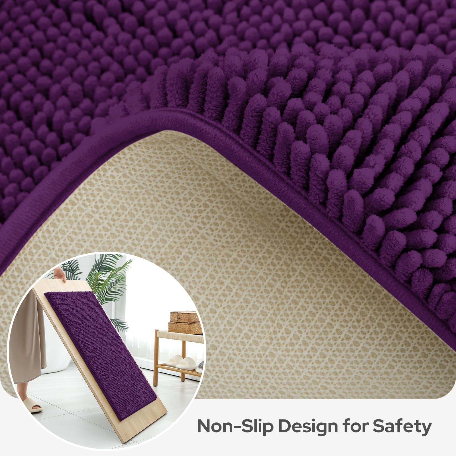 Bysure Deep Purple Bathroom Rugs Sets 3 Piece Non Slip Extra Absorbent Plush Chenille Soft Washable Bath Mats