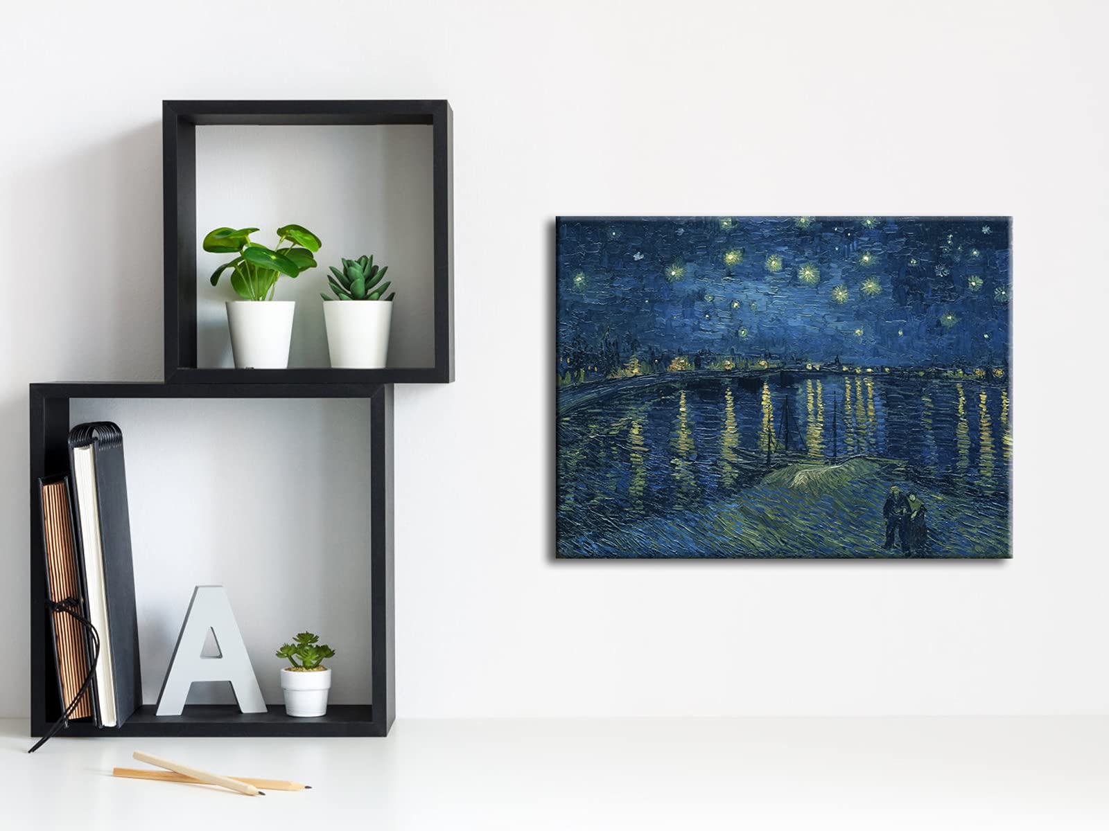 Wieco Art Starry Night Over The Rhone By Van Gogh Famous Oil Paintings Reproduction Modern Framed Giclee Canvas Print Artwork Se