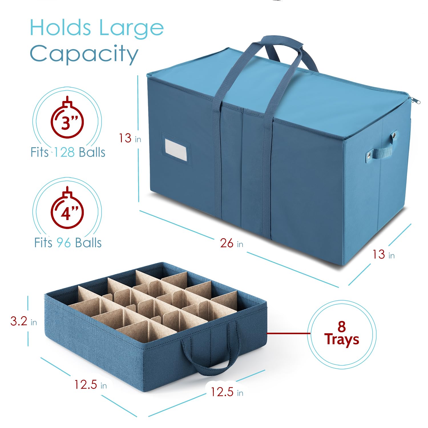 Hearth & Harbor Large Christmas Ornament Storage Box With Adjustable Dividers - Ornament Storage Container For 128 Holiday Ornam
