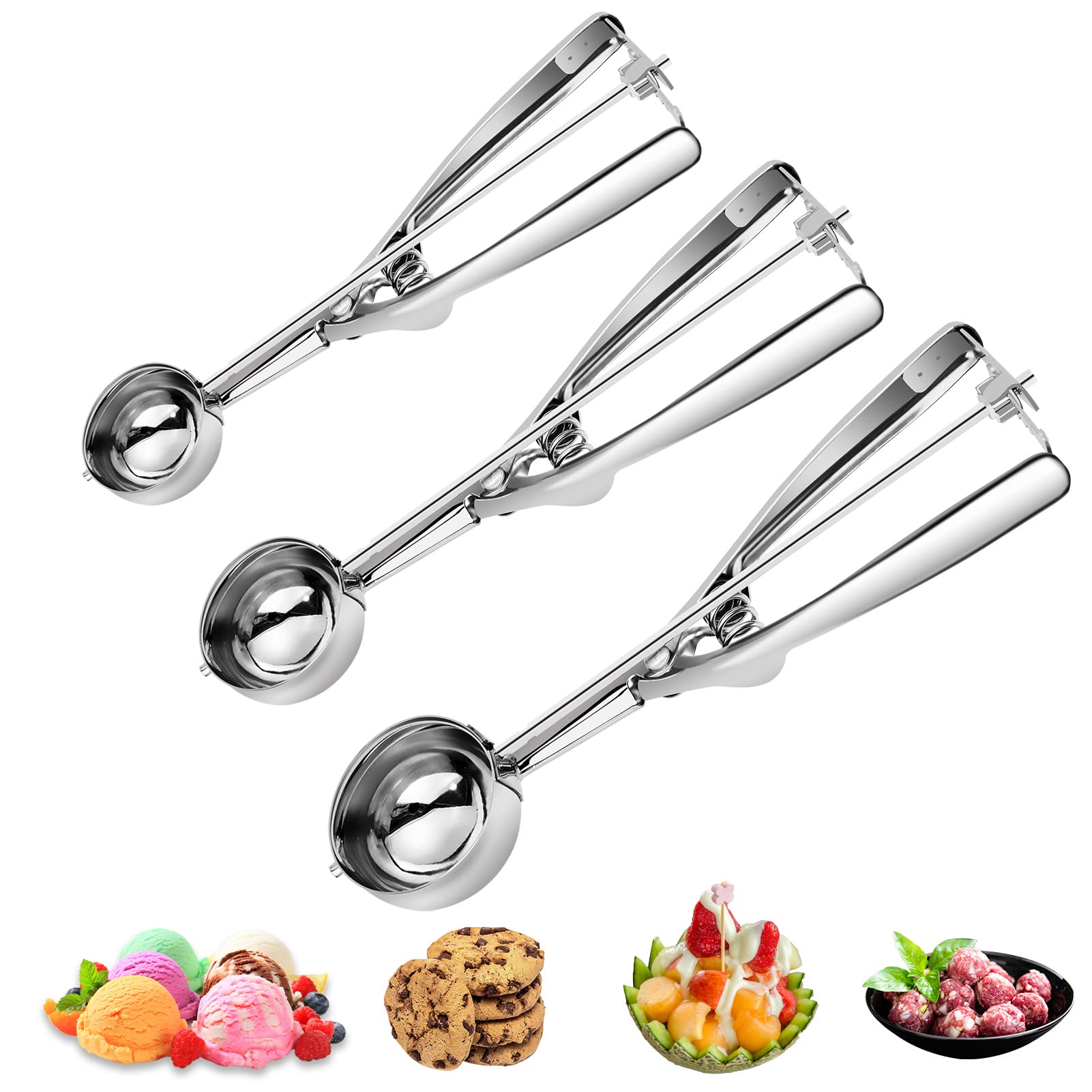3Pcs Ice Cream Scoop,Premium Cookie Scoop Set,Small/Medium/Large Stainless Steel Scoops,Professional Ice Cream Scooper With Trig