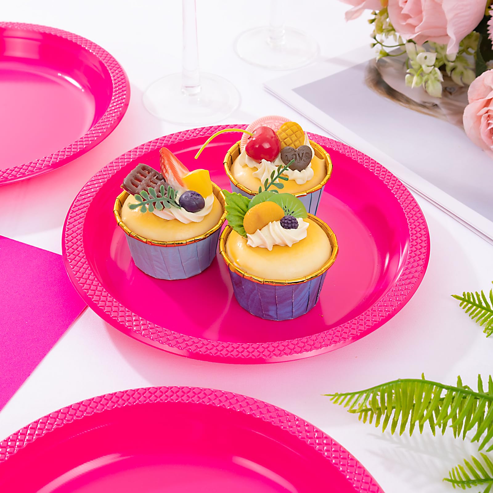 Wellife Hot Pink Party Plates 7 Inch -150 Count, Plastic Disposable Dessert Plates For Party Valentine'S Day Cake Appetizers Sal