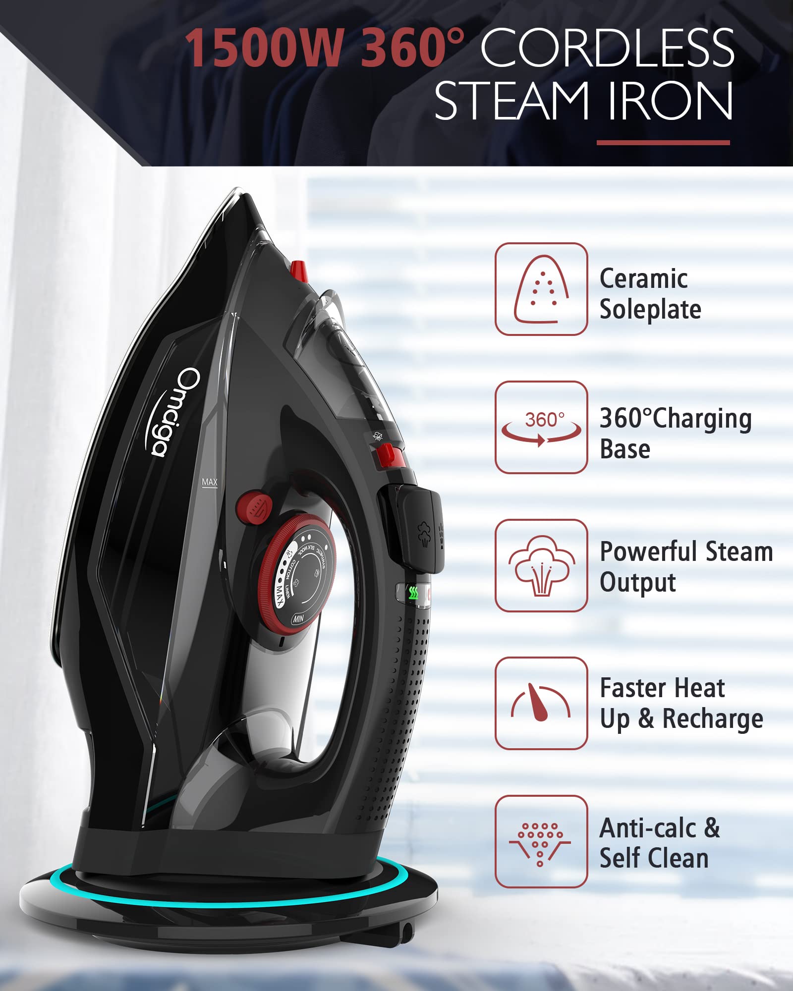 [2023 UPGRADE] OMAIGA Cordless Iron  1500W Cordless Iron with Steam - Cordless Iron for Clothes with 11.84oz Water Tank  Anti Drip Iron Cordless with Ceramic Soleplate  Iron for Clothes with 3 Temperature Settings-BLACK