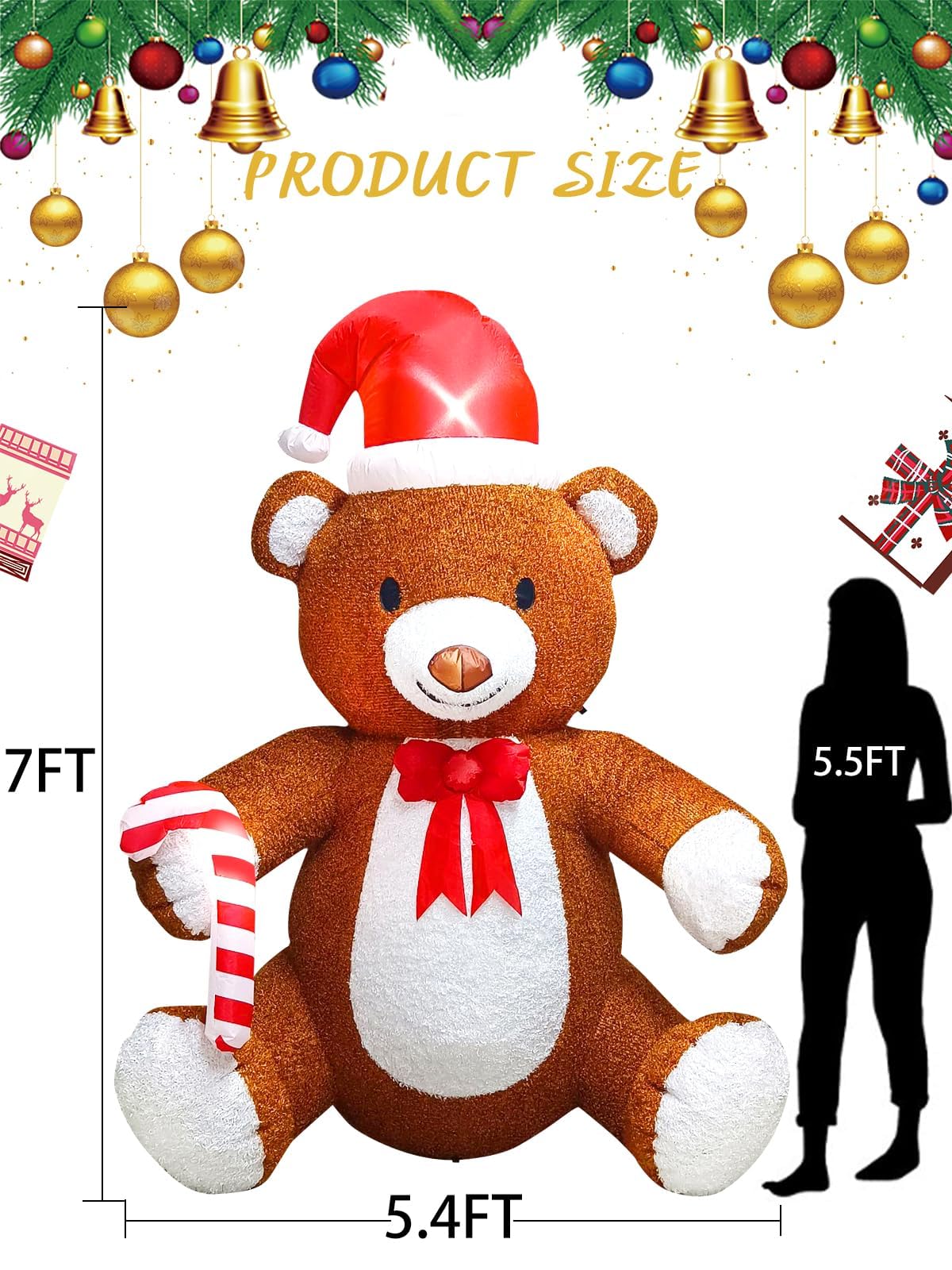 Kalolary Fluffy Bear Inflatable with LED Light, Christmas Blow Up Indoor Decoration, Xmas Teddy Yard Inflatable for Holiday Fami