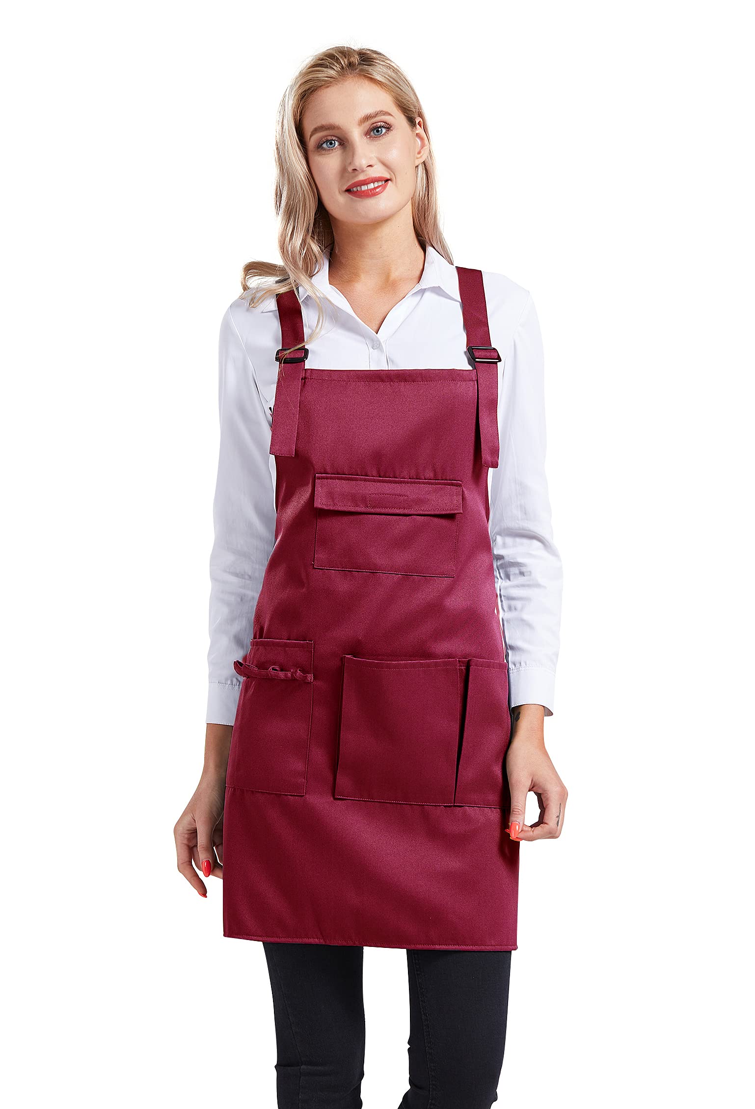 Nanxson Adjustable Women Bib Apron Multi Function Professional Salon Stylist Work Apron with Tool Pockets CF3010 darkred