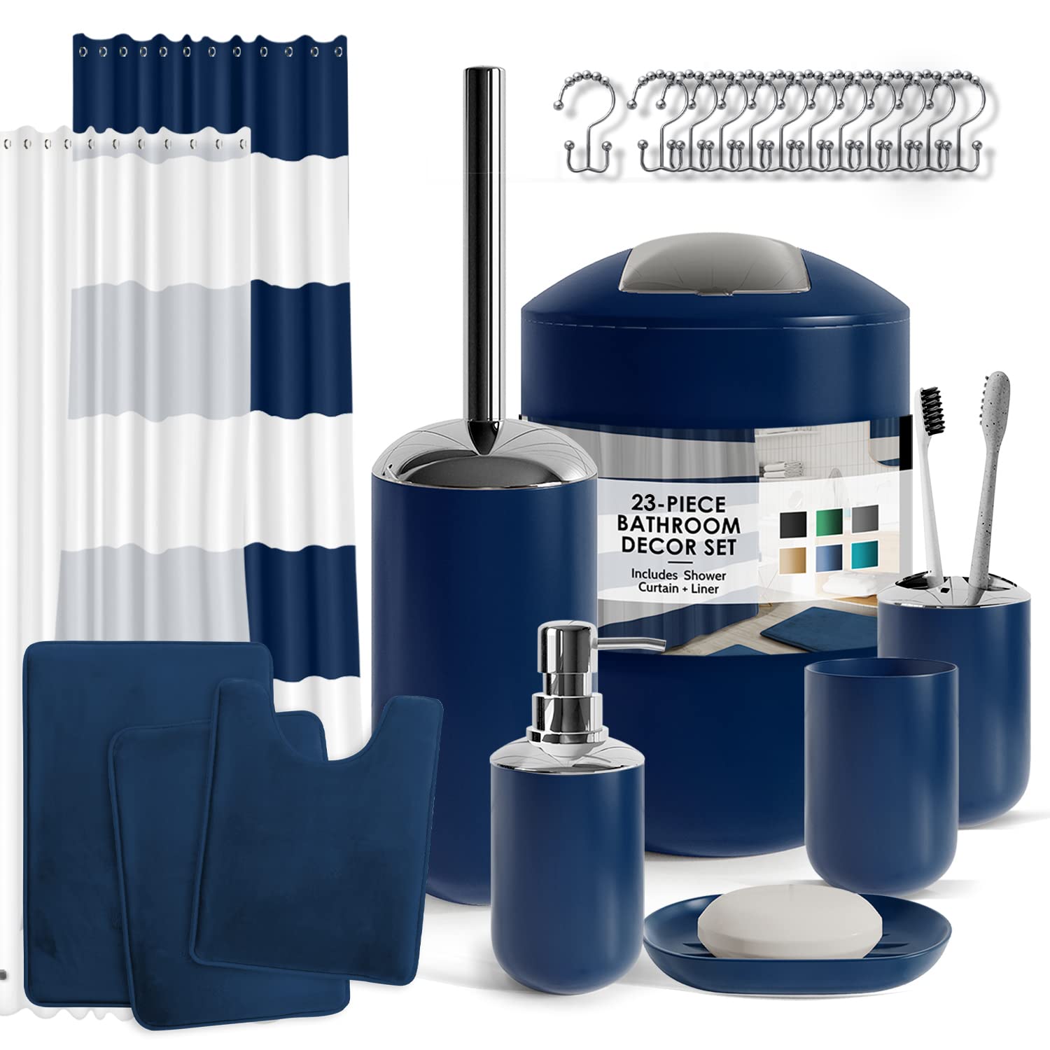 Clara Clark Bathroom Set - Navy Bathroom Accessories Set, Bathroom Sets With Shower Curtain And Rugs, 23Pc Shower Curtain Set Wi