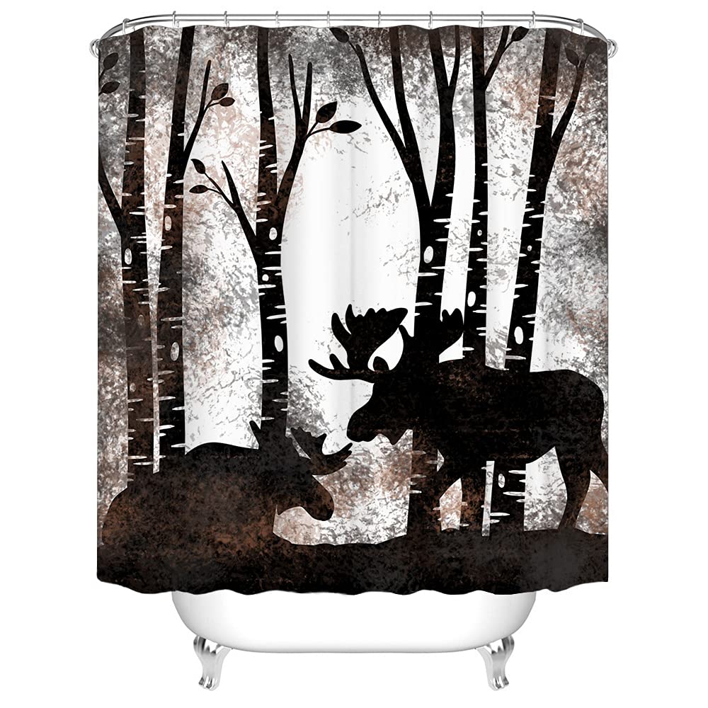 Rnnjoile Moose Shower Curtain Fabric Vintage Wild Animal In Trees Forest Silhouette Bath Curtain For Cabin Farmhouse Wildlife Ba