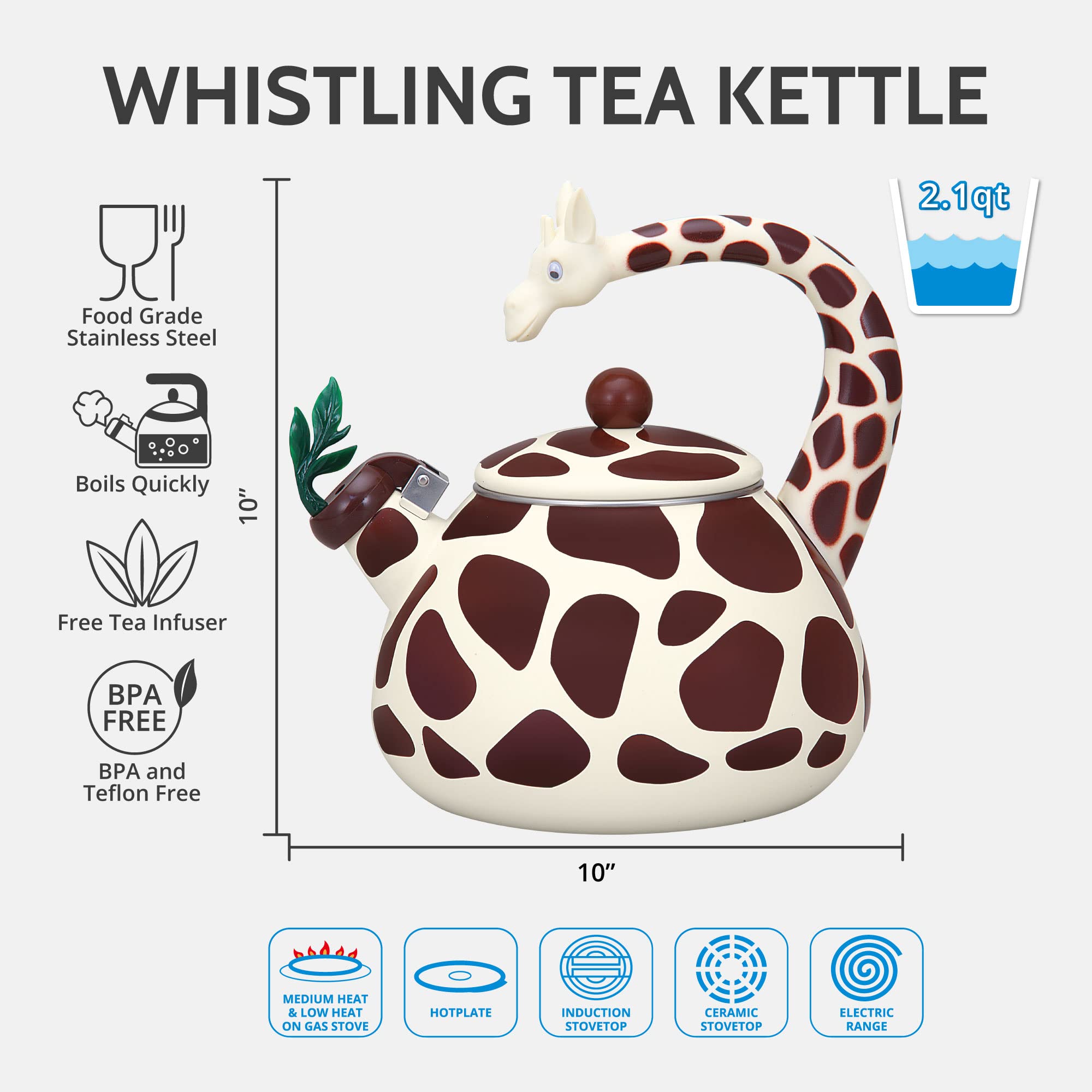 Upware Enamel On Steel Whistling Tea Kettle, Stovetop Teakettle (2.1 Quart, Giraffe)