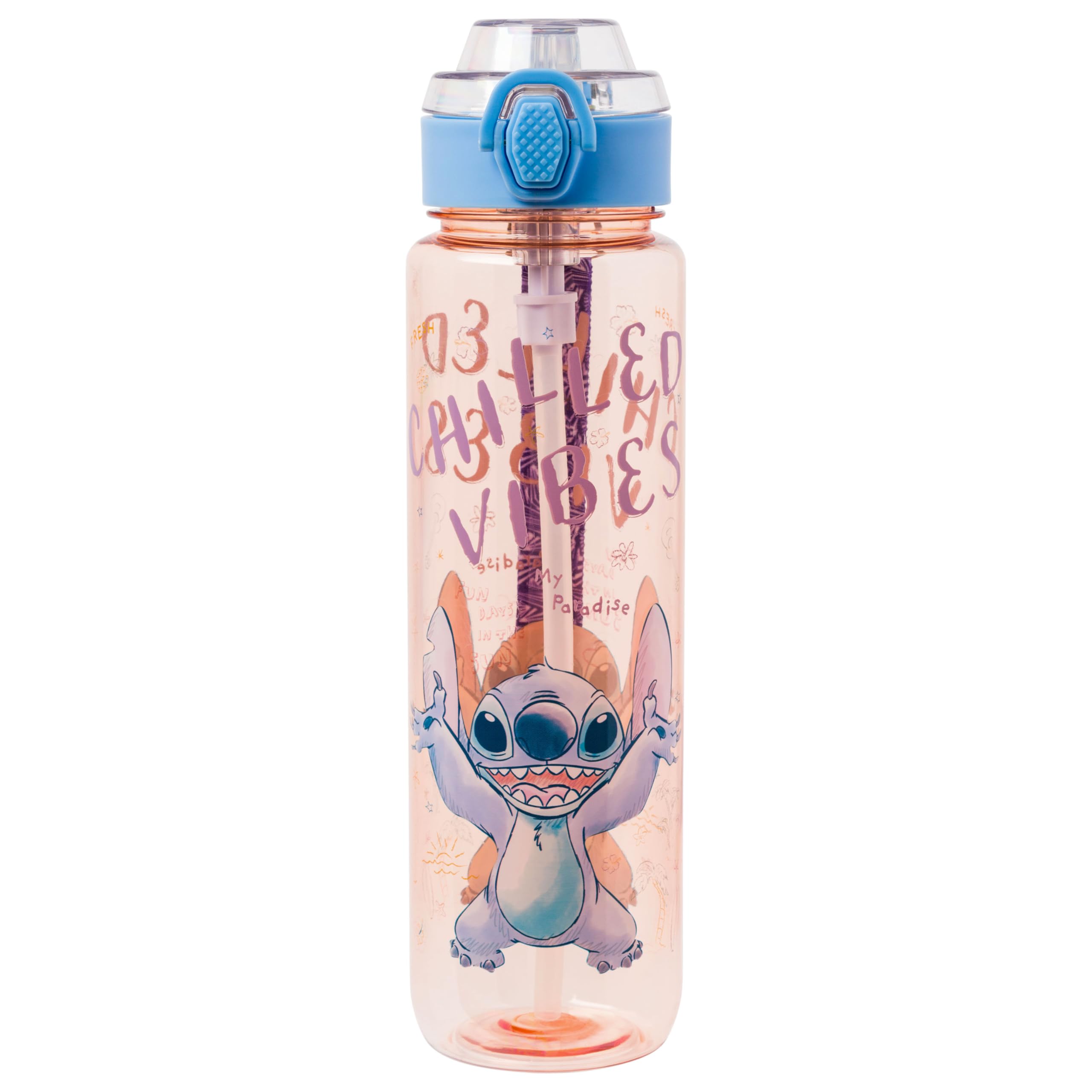 Silver Buffalo Disney Lilo And Stitch Chilled Vibes Plastic Water Bottle With Locking Lid, Strap, And Straw, 33 Ounces