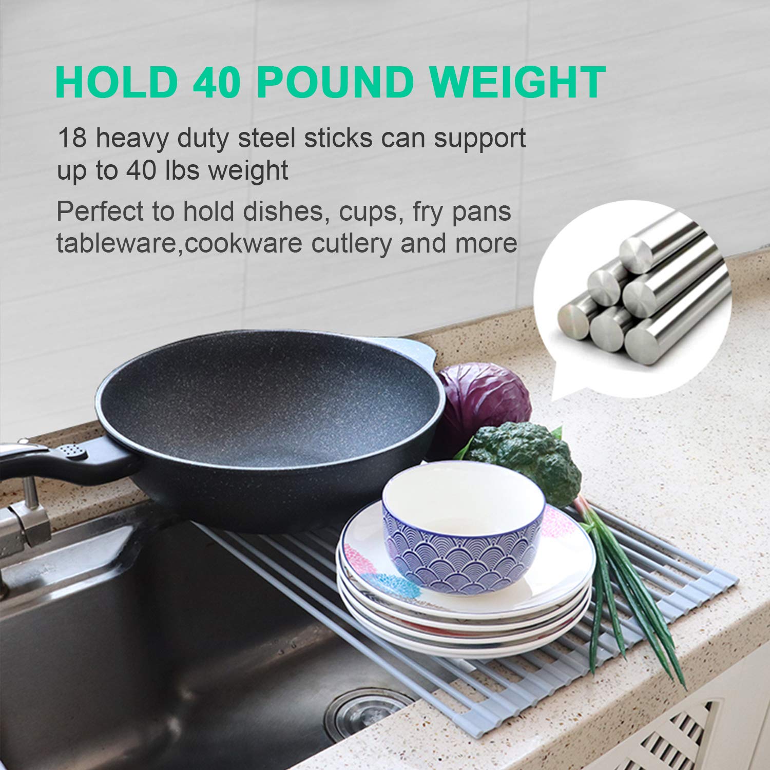 Tbmax Roll Up Dish Drying Rack, Food-Grade Silicone-Coated Stainless Steel Over The Sink Rack, Heavy Duty Roll Up Sink Drying Ra