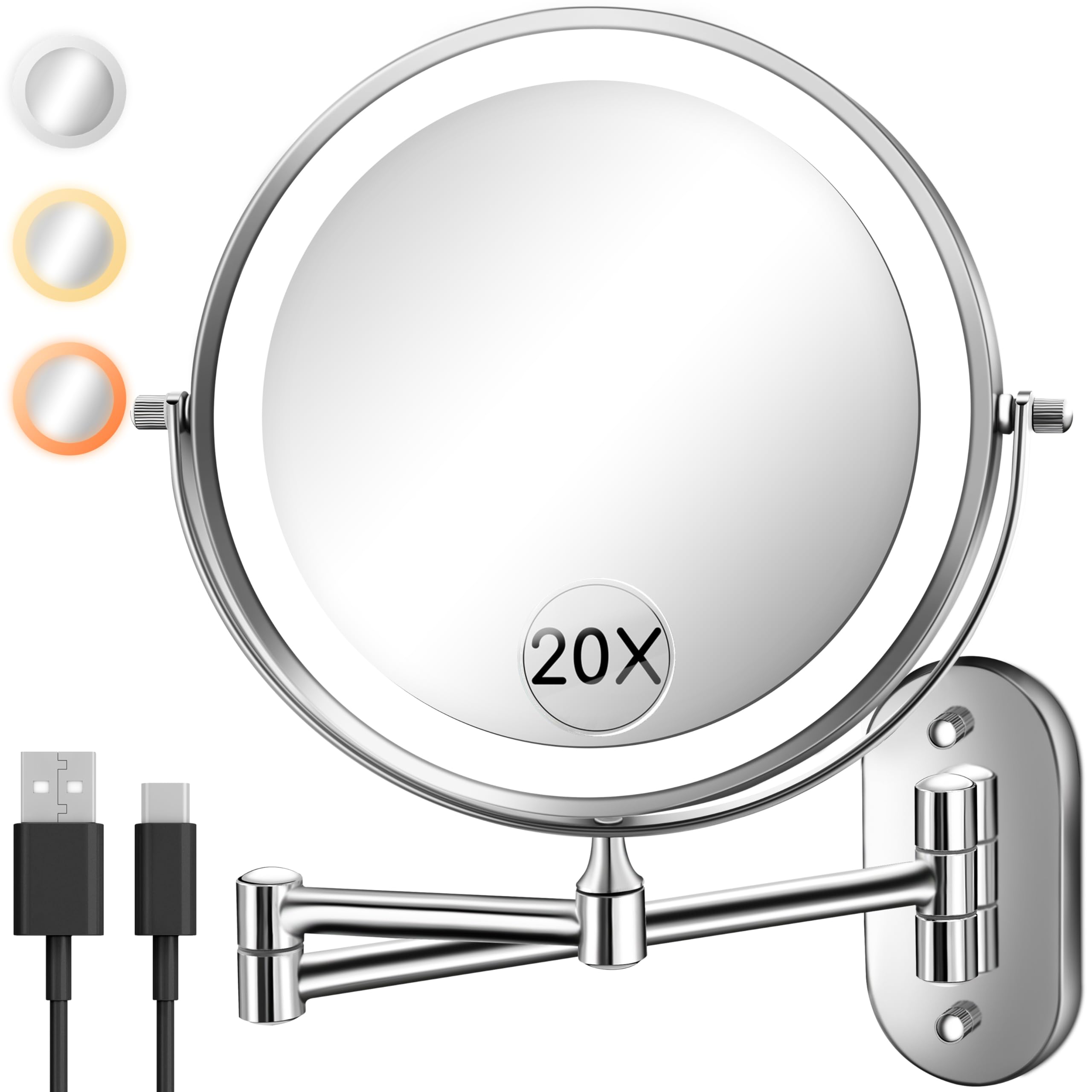 Wall Mounted Makeup Mirror With Light, 20X/1X 8'' Double Sided Led Magnifying Bathroom Lighted Vanity Mirror With Magnification,
