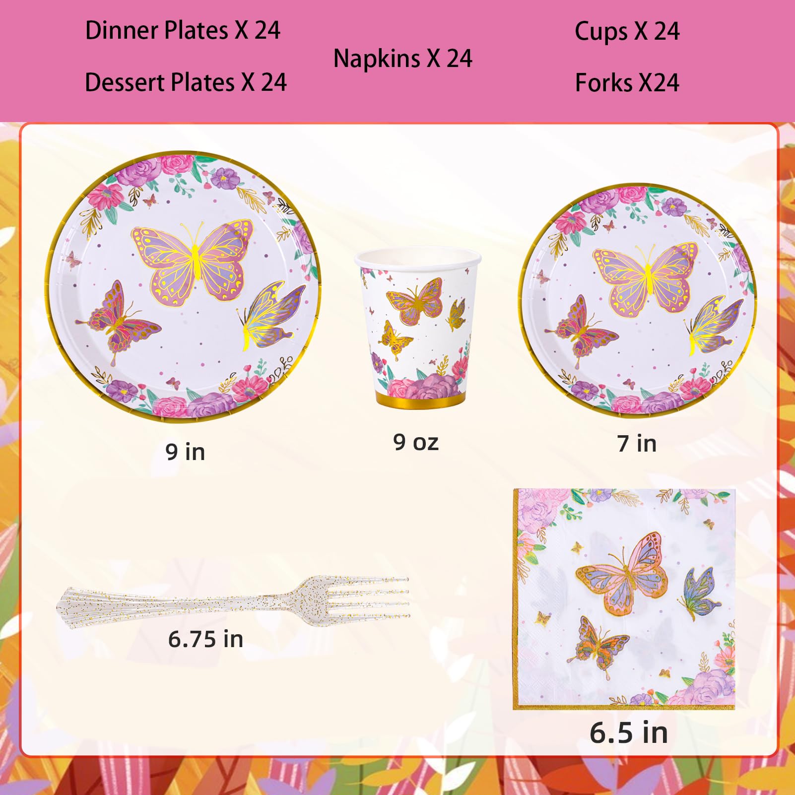 Atonofun Butterfly Birthday Party Supplies  Butterfly Party Plates  Cups  Napkins and Cutlery  Butterfly Party Decorations for Baby Shower  Birthday  Butterfly Fairy Themed Parties Serves 24