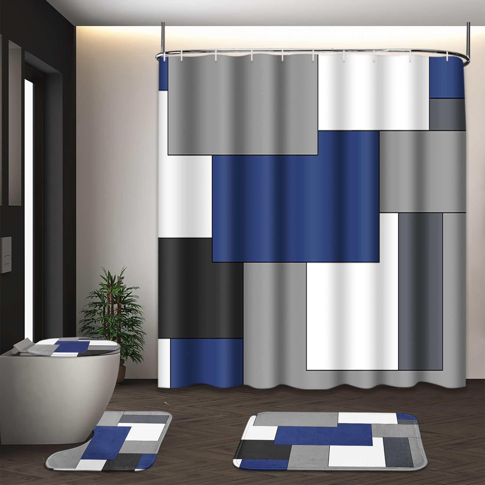 Tayney Navy Blue Geometric Shower Curtain Set With Toilet Lid Cover And Non-Slip Rugs, Black White Grey Checkered 4 Pcs Modern S