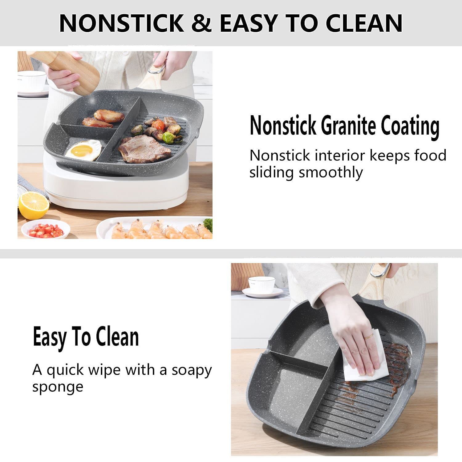 Justup Nonstick Grill Pan, 3-In-1 Egg Pan 11 Inch Non Stick Skillet Pan, Heat Resistant Handle 3 Section Skillet Pancake Pan, Di