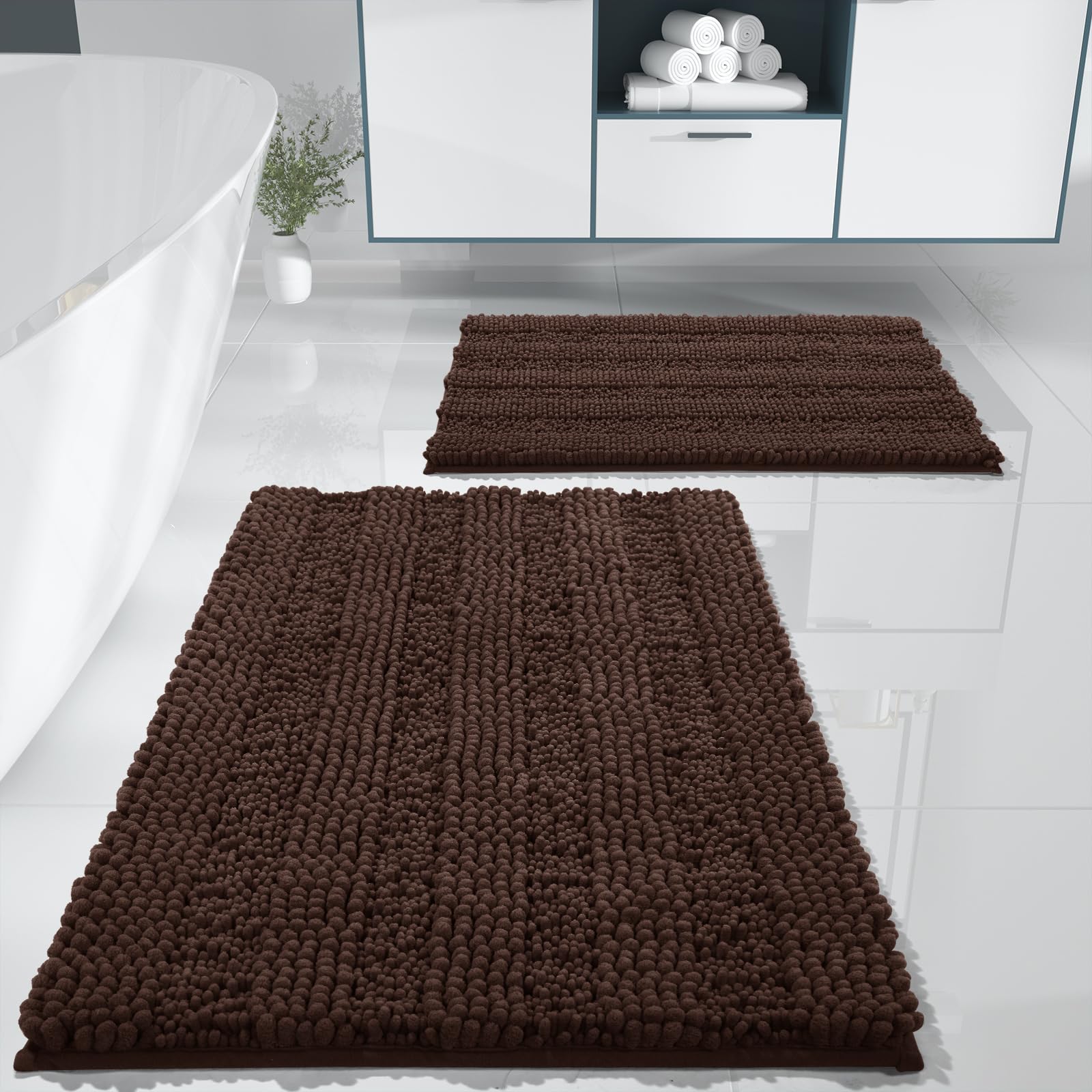 Yimobra Washable Bathroom Rugs Sets 2 Piece, Non Slip Quick Dry Absorbent Bath Mat Set, Plush Chenille Luxury Shower Rugs For Ba