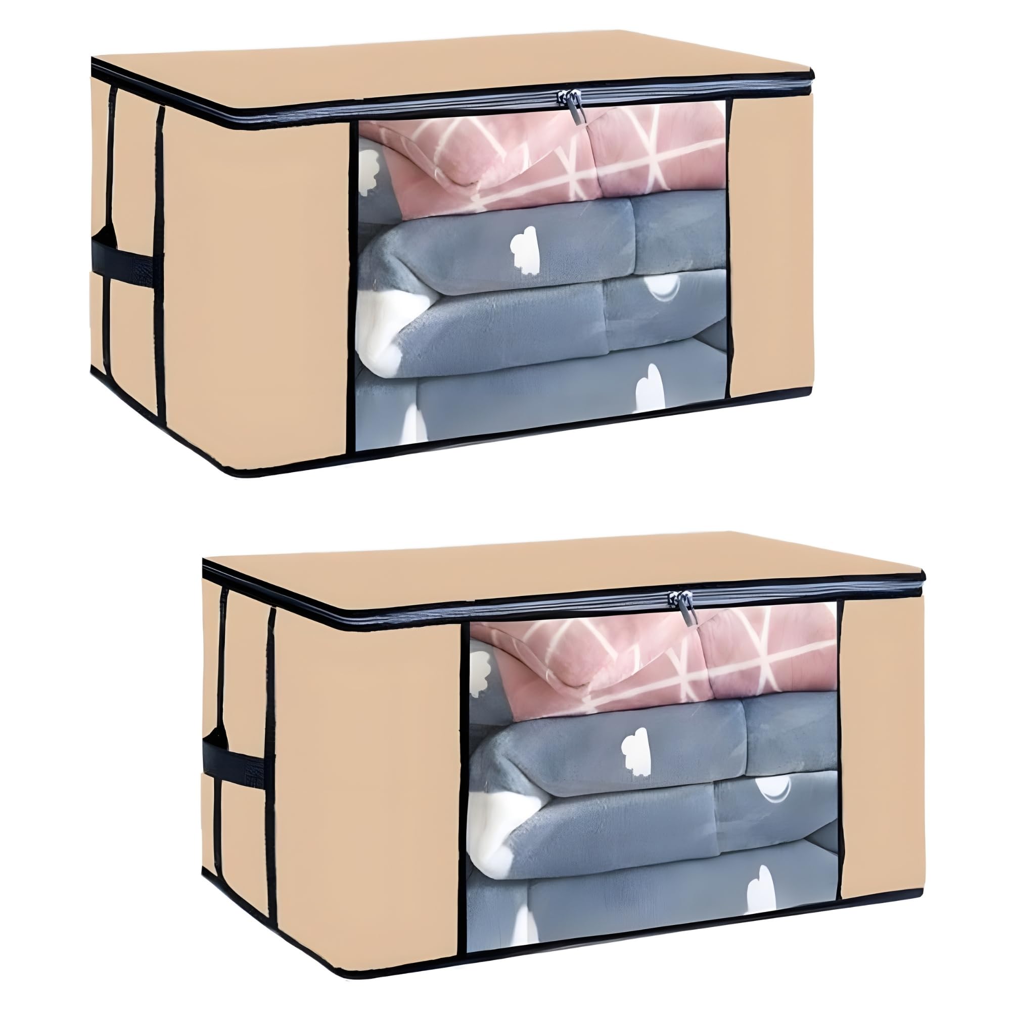 Shubhkraft Bedding & Blanket Storage Organizer | NonWoven Fabric, Foldable, Large Size Bag | Beige Wardrobe Solution (Pack Of 2