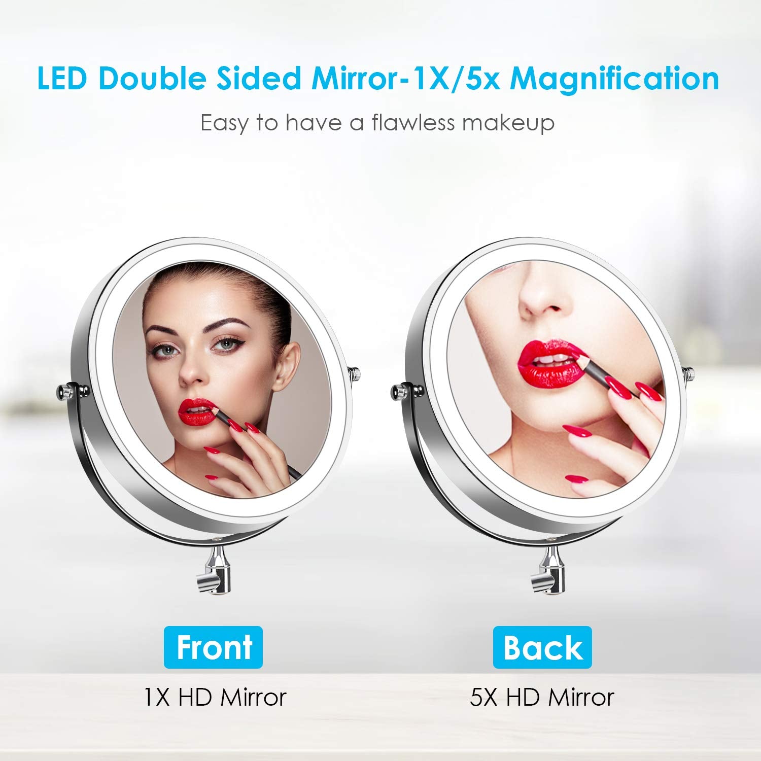 ALVOROG Wall Mounted Makeup Mirror LED Lighted Double Sided 5X Magnification 360 Swivel Extendable Cosmetic Vanity Mirror for Ba