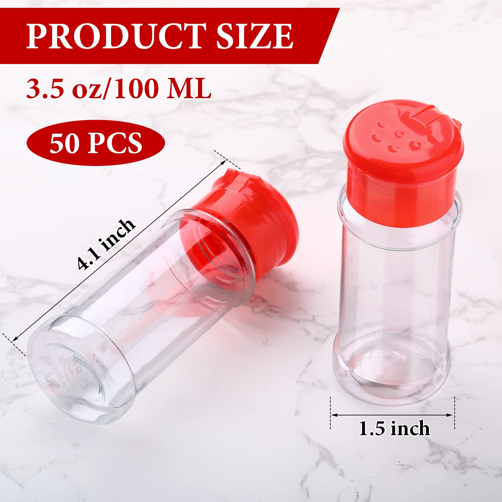50 Pcs Plastic Spice Jars Spice Bottles Seasoning Jars Spice Shaker Plastic Jars 3.3Fl Oz/100Ml Seasoning Shaker With Red Shaker