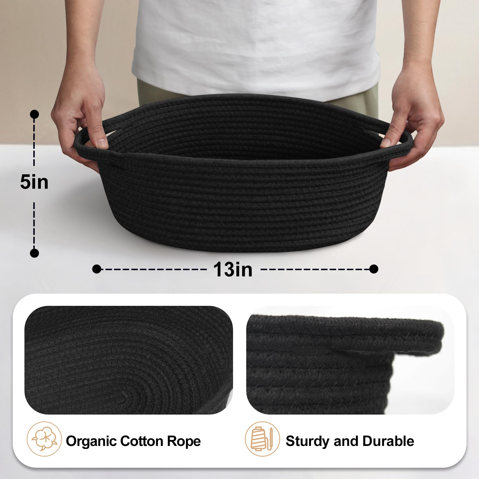 MEGASKET Black Woven Basket, 13    x 9    x 5    Cute Dog Toy Basket, Soft Cotton Rope Storage Box, Cat Toy Bin, Baskets for Gif