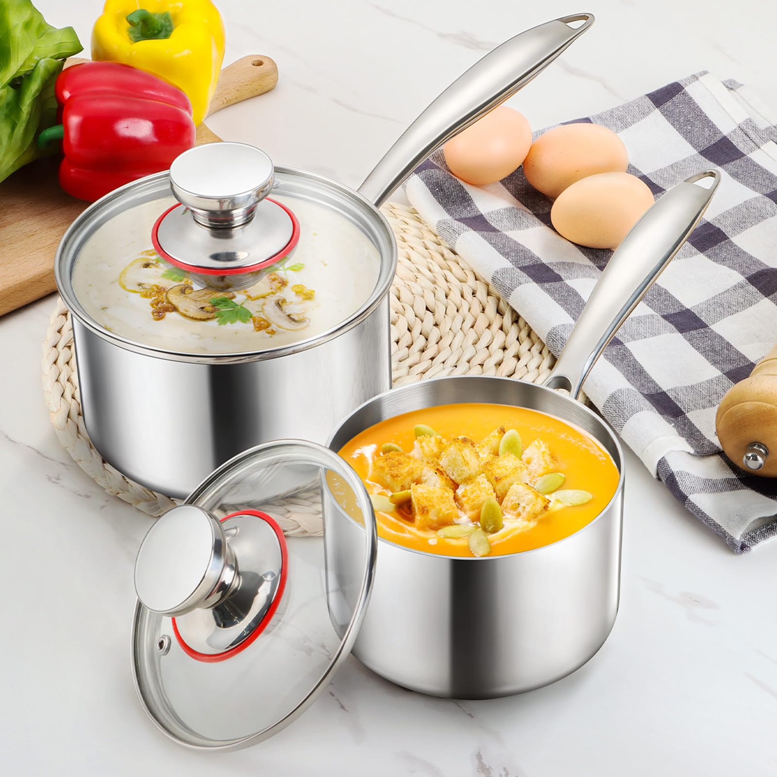 E-Far Stainless Steel Saucepan Set - 1Qt & 2 Qt, Triply Sauce Pan Pot With Lid For Cooking Pasta Warming Milk Boiling Water, Sma