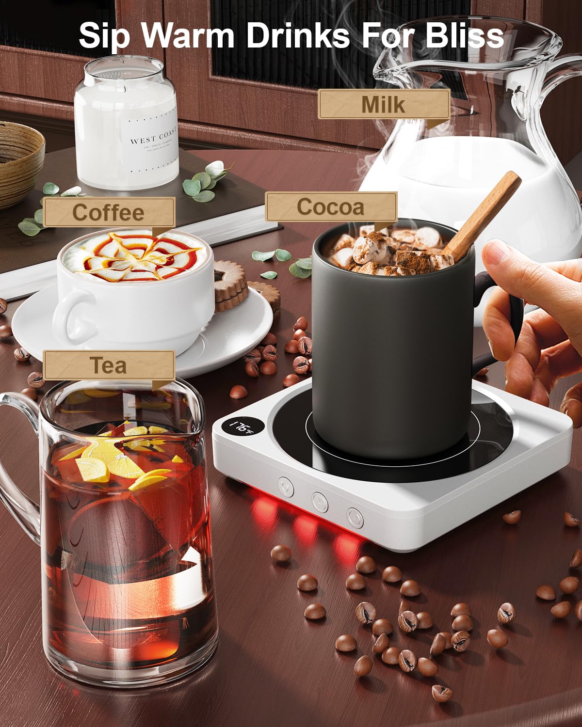 Mug Warmer - 36W Coffee Mug Warmer for Desk with Temperature Display, 2-12Hrs Auto Shut Off, Smart Candle Warmer - Ideal Coffee