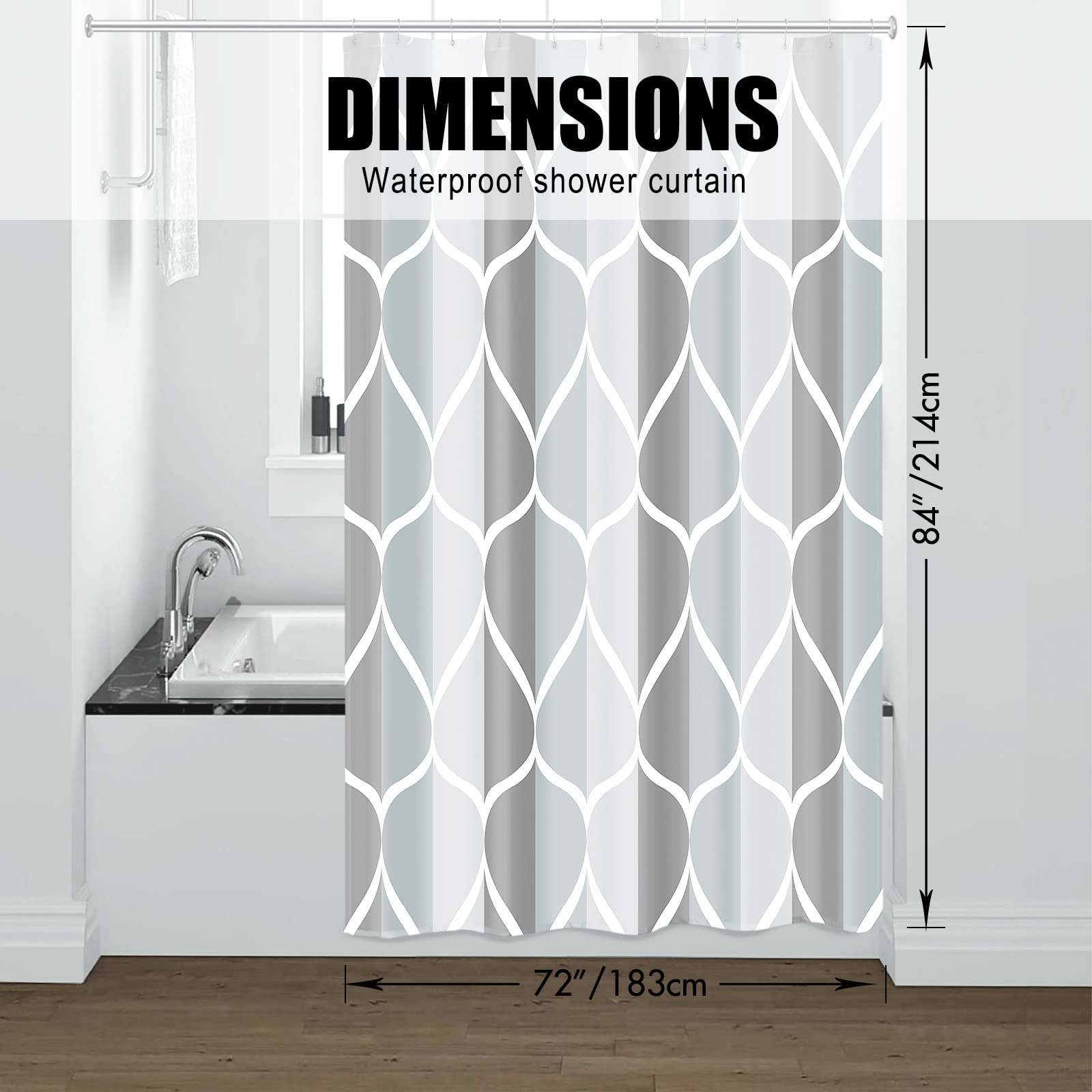Gelbchu Grey Bath Shower Curtain,Waterproof Design And Polyester,Quick-Drying,Weight Hem,Extra Long Shower Curtain Set For Bathr