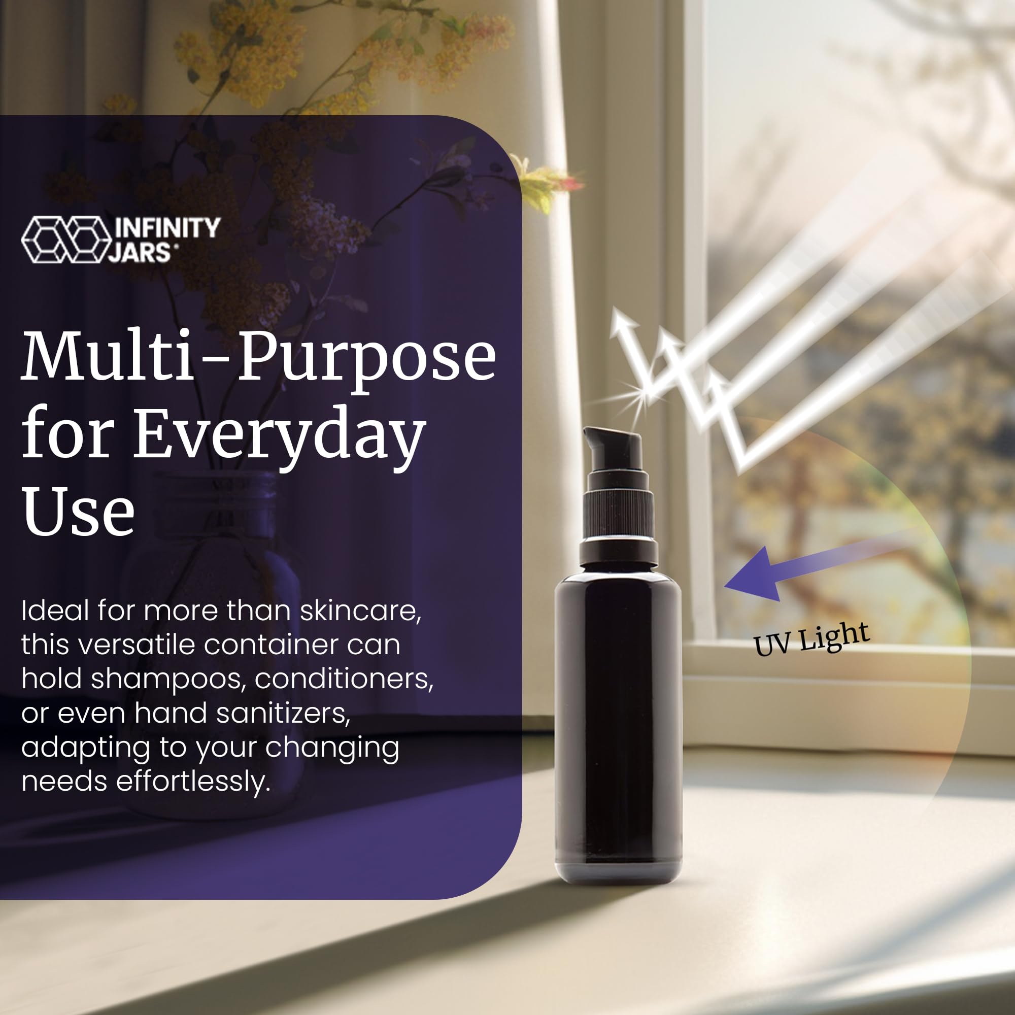 Infinity Jars 50 Ml (1.7 Fl Oz) Refillable Ultraviolet Black Glass Pump Bottles Leak-Proof Travel Containers For Toner, Sanitize