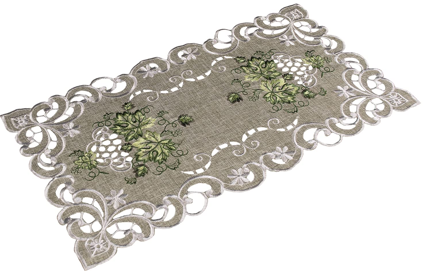 Embroidered Green Leaf On Antique Green Fabric Placemat, Table Runner, Dresser Scarf, Coffee Table Doily (11Wx21L)