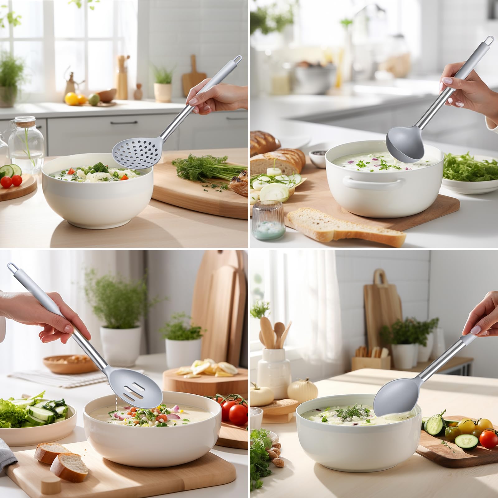 Silicone Kitchen Utensils Set - Culinary Couture 6-Pieces Grey Silicone Cooking Utensils Set For Nonstick Cookware - Stainless S