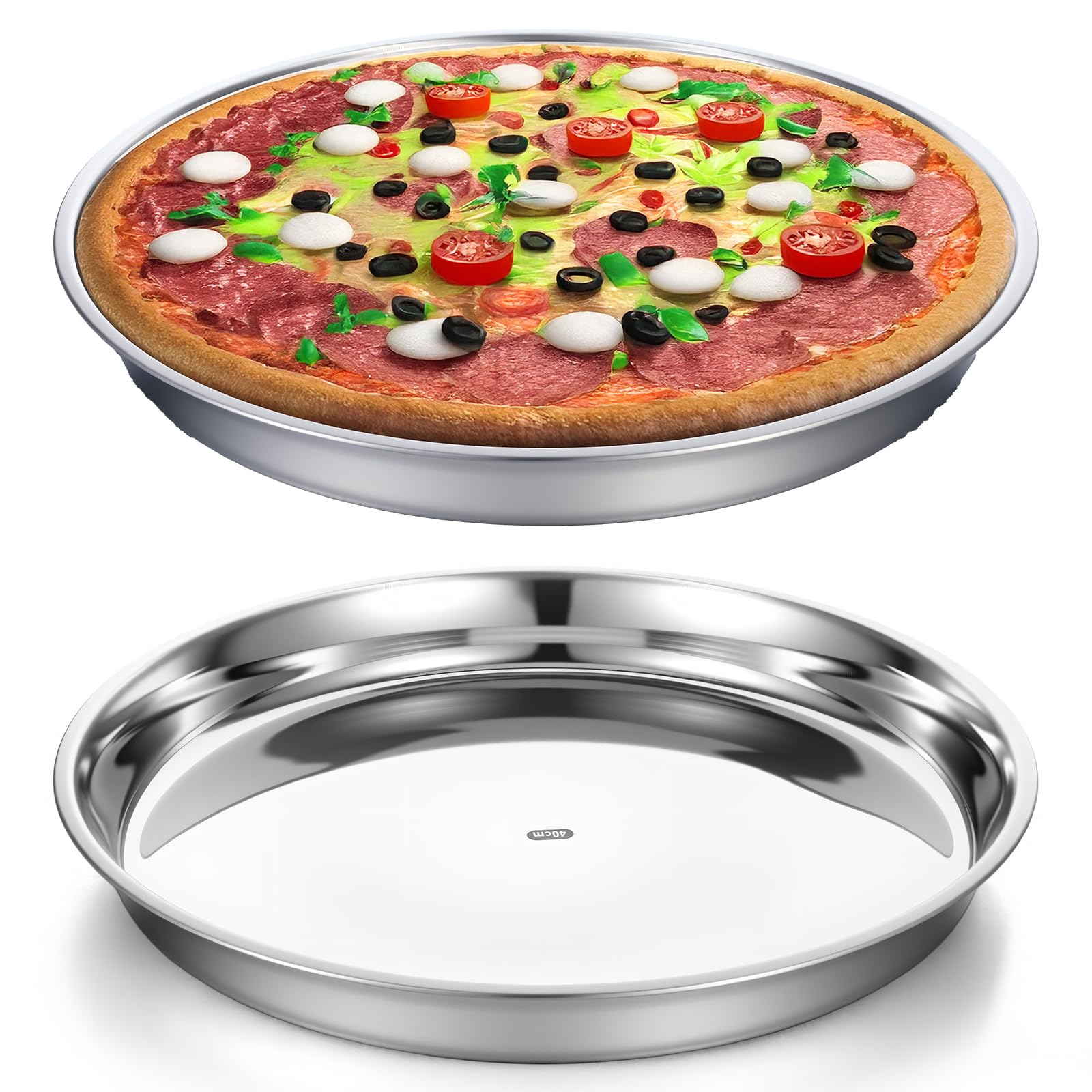 JOUTYFOR 2 Pack 16 Inch Stainless Steel Pizza Pan, Deep Round Baking Pan Large Pizzas Bake Tray, HeavyDuty Pizza Dish NonStick