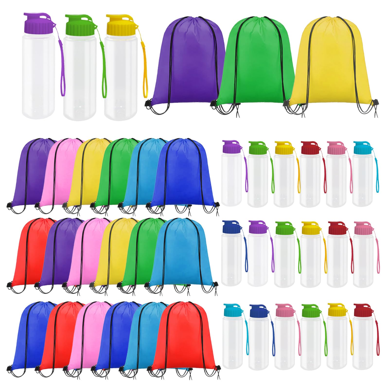 LECEHIVO 42 Pcs 17 oz Plastic Water Bottles Drawstring Backpack Set Leakproof Reusable Flip Top Sports Water Bottles for Adults 