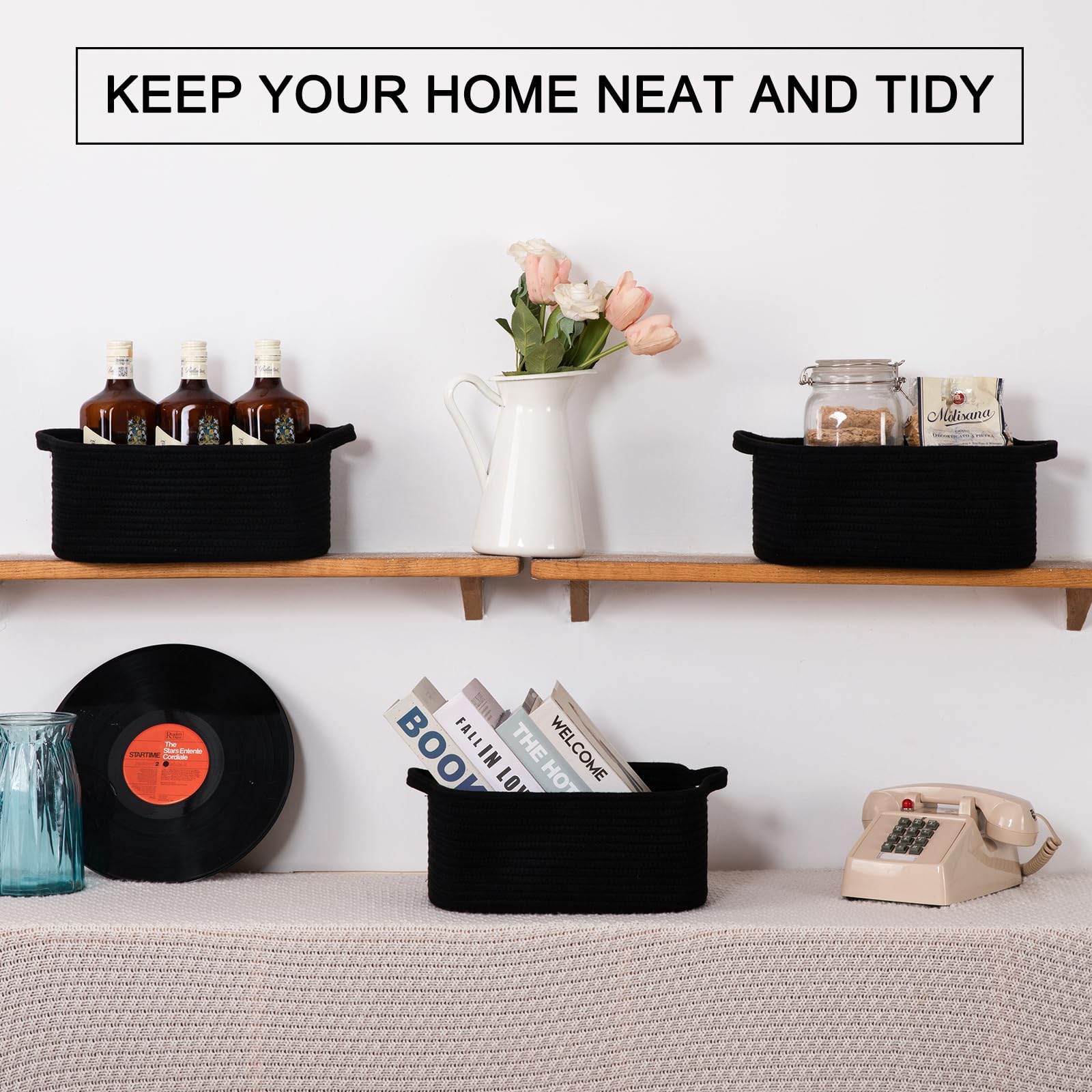 Oiahomy Cotton Rope Woven Baskets For Storage, Nursery Rectangle Storage Basket With Handles For Shelves, Pack Of 3, Black