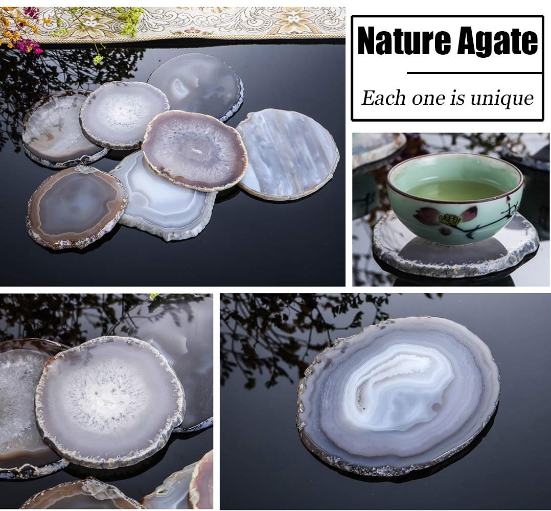 AMOYSTONE Natural Geode Coasters Agate Stone Coasters for Drinks Crystal Quartz Coaster Set of 4 Nature Borwn Rock Coasters 3-3.5''