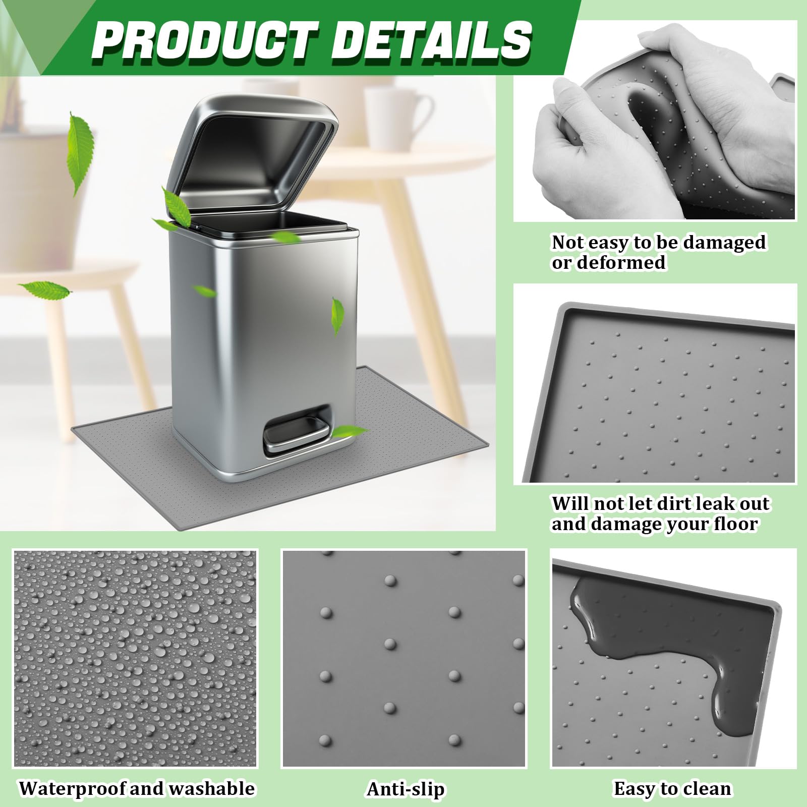 Tinideya Waterproof Trash Can Mat With Raised Edge Non Slip Under Garbage Can Mat Trash Can Pads Protective Silicone Rubber Tray