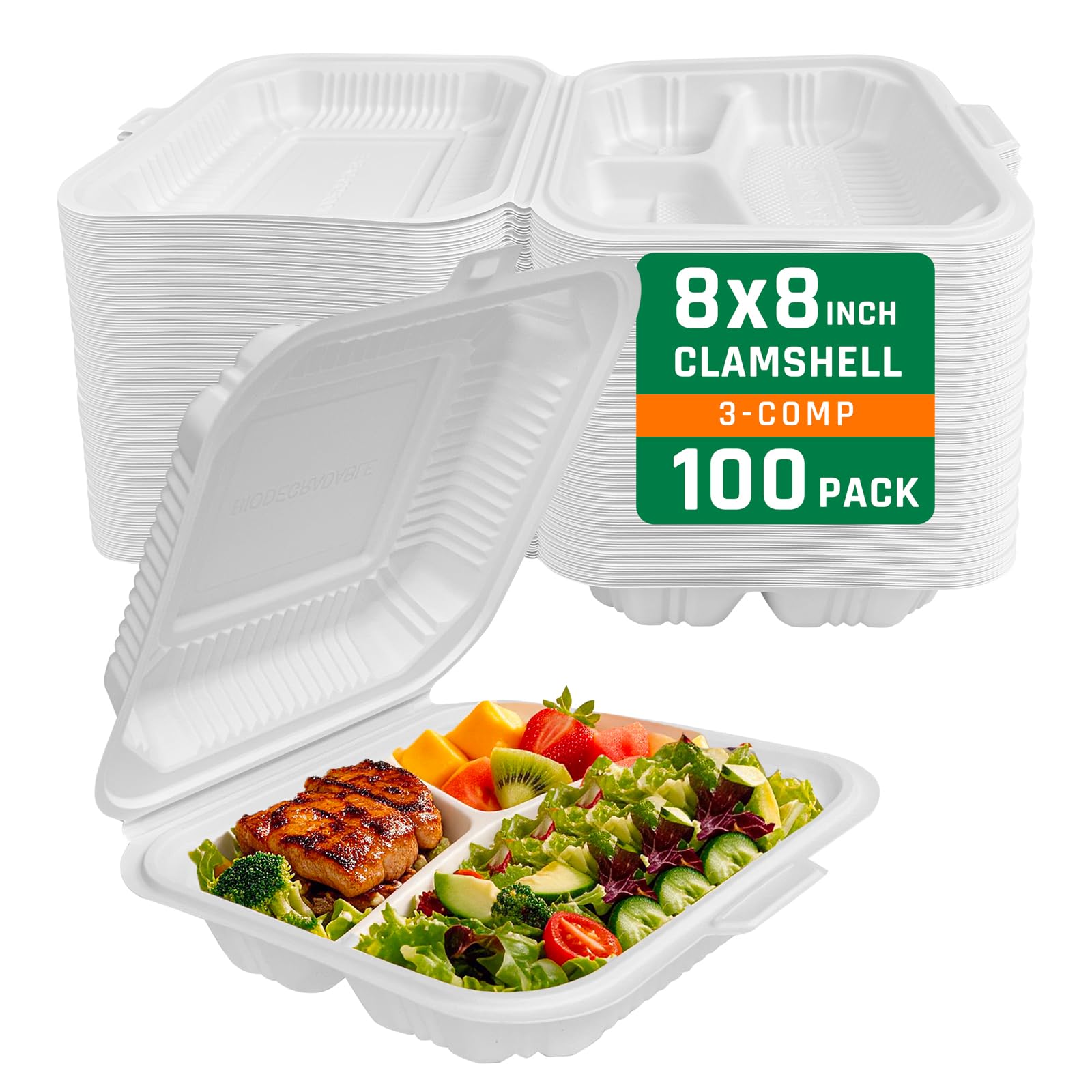 TTzycc 100 Pack 8 x 8 Inch 3 Compartment To Go Food Containers, Waterproof LeakResistant Clamshell Takeout Containers, Disposab