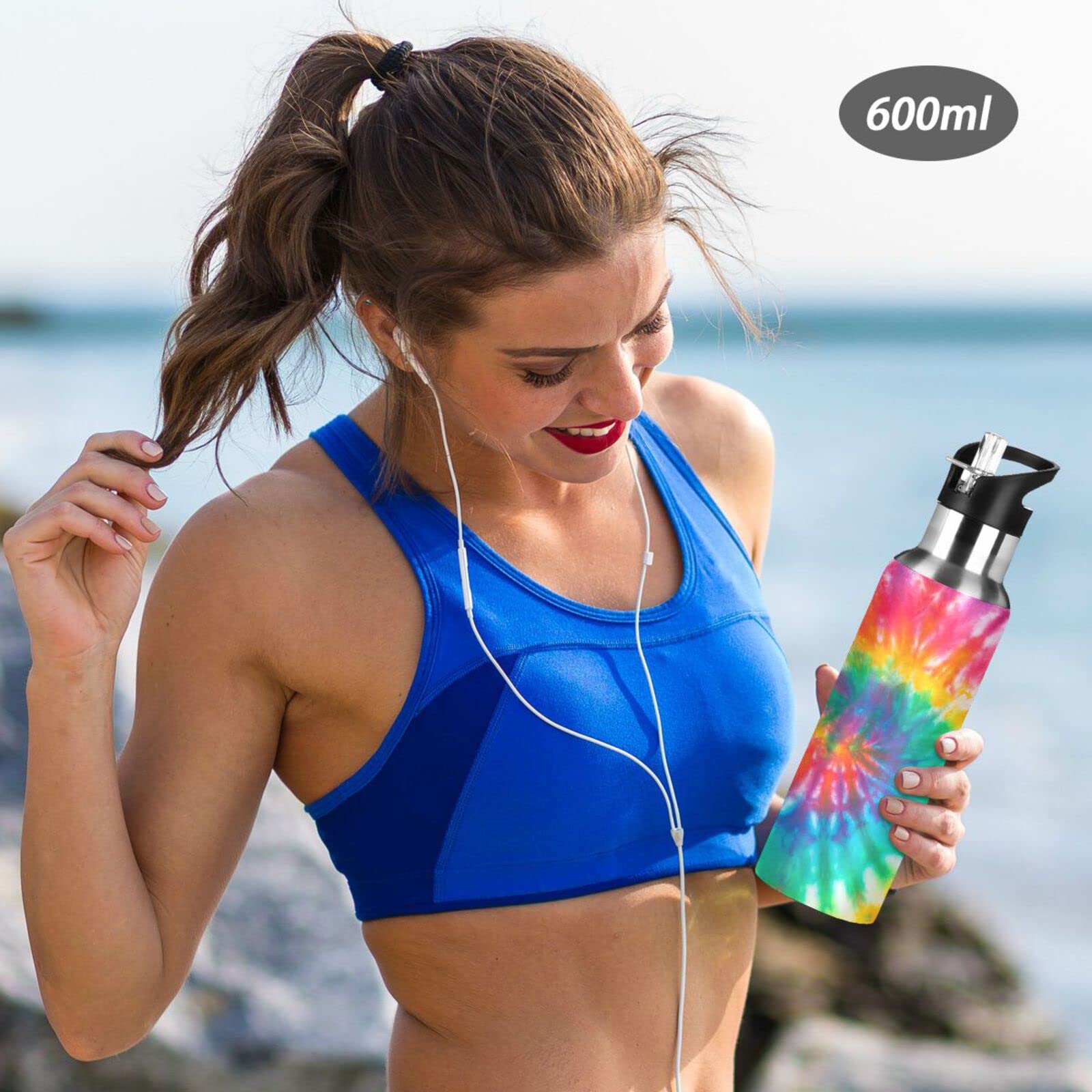 Tie Dye Rainbow Water Bottle Girls Insulated Thermos Kids Women Stainless Steel Hot Cold Water Flask Jug Straw Lid For Sports Gy