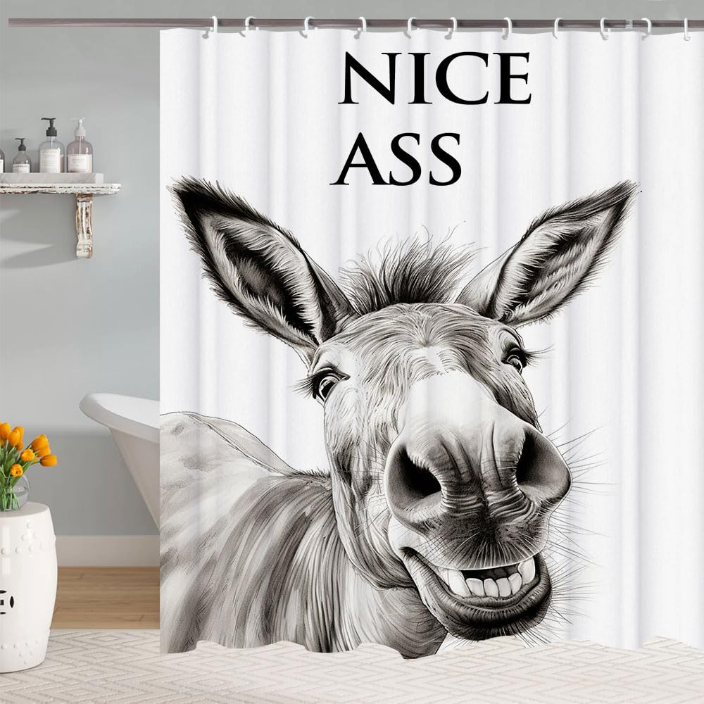 Lkfbsc Funny Donkey Shower Curtain, Black And White Farmhouse Animal 60X72 Shower Curtain Set, Gray Style Bathroom Decor Curtain