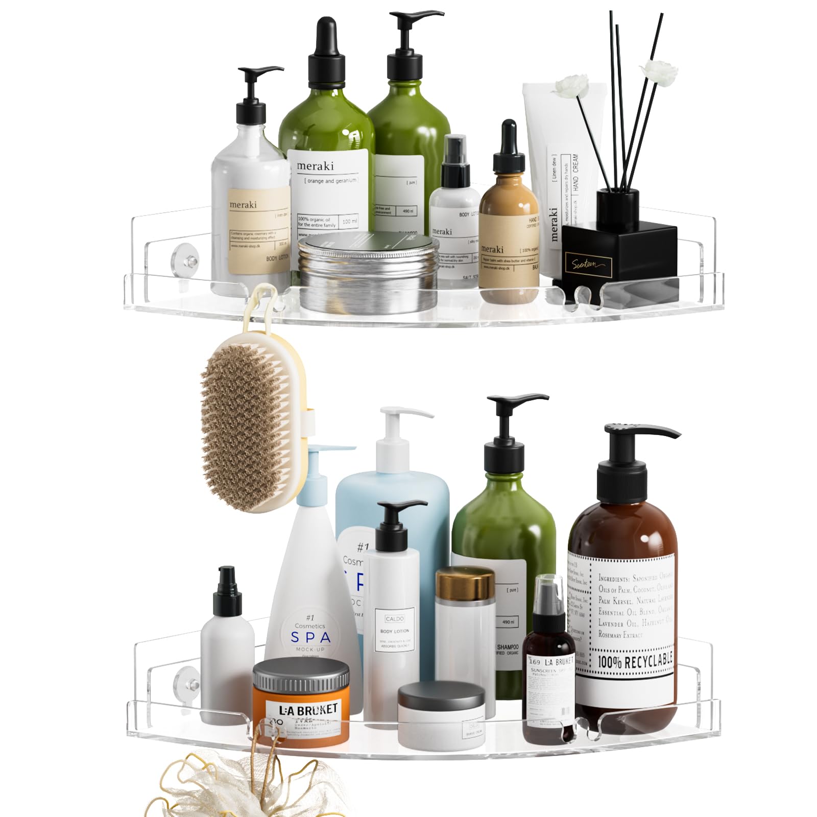 Durmmur 2 Pack Acrylic Corner Shower Caddy, Clear Corner Shower Shelf With 4 Hooks, Adhesive Wall Mounted Bathroom Shower Shelf