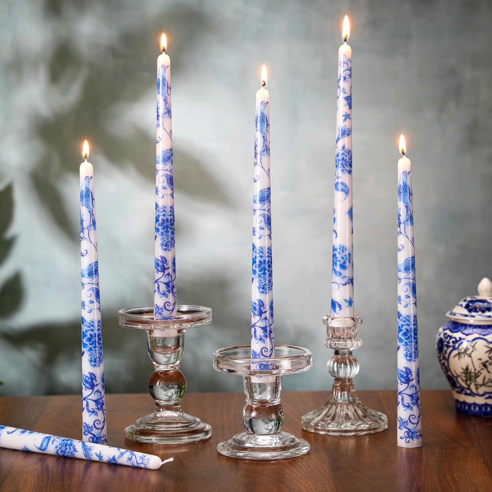 Threlaco 9.8 Long Taper Chinoiserie Porcelain Candlesticks Dripless Bridal Wedding Shower Candle Blue White Decorations Unscente
