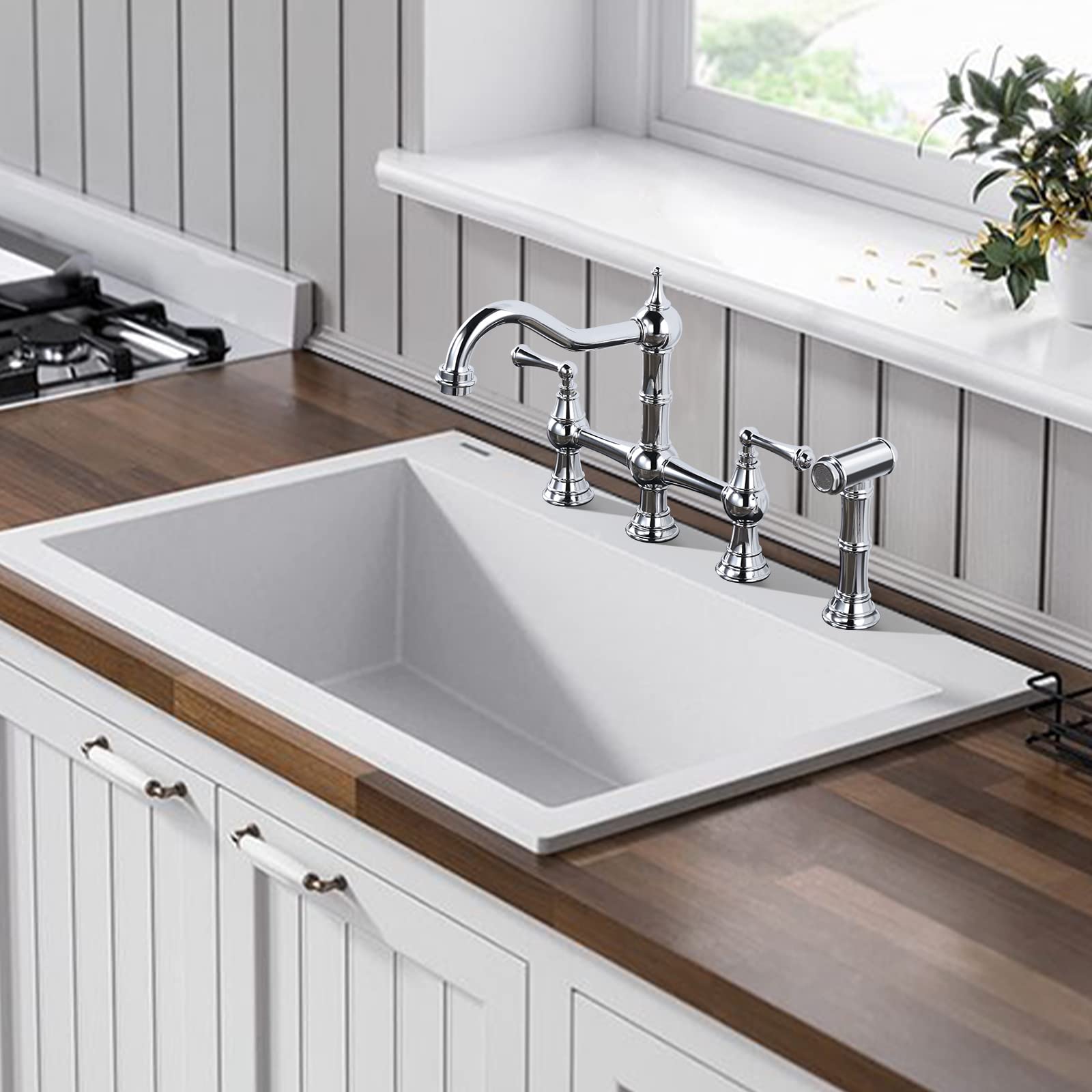 Wowow 4 Hole Kitchen Faucet With Sprayer, 8 Inch Centerset Brass Bridge Kitchen Faucet 2 Handle With Side Sprayer, Vintage Farmh