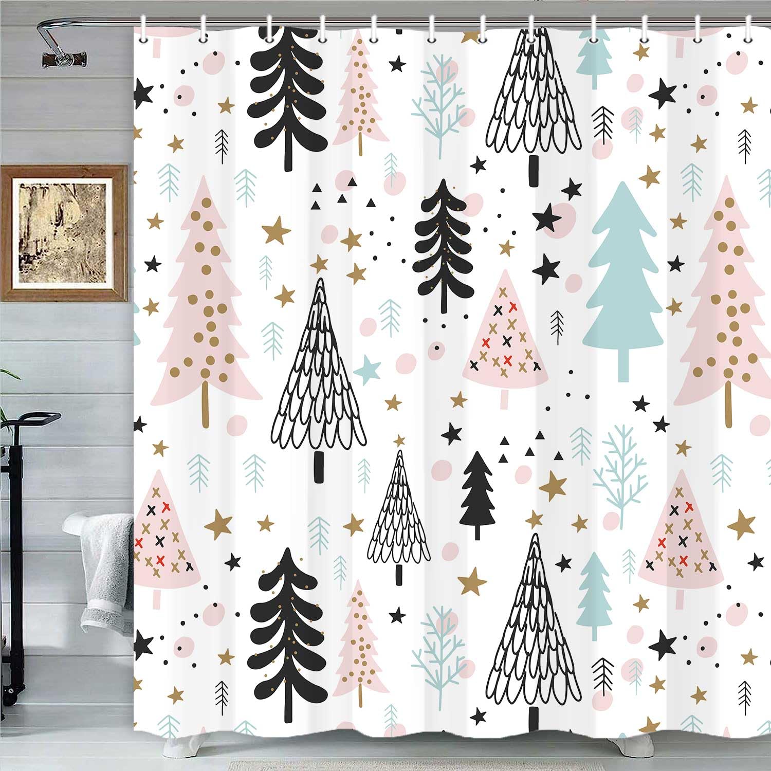 Hjokiupt Merry Christmas Shower Curtain, Winter Fashion Xmas Tree New Year Holiday Home Decor Bath Curtains, Farmhouse Forest Sn